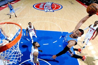 AUBURN HILLS, MI - NOVEMBER 14:  Russell Westbrook #0 of the Oklahoma City Thunder goes to the basket against the Detroit Pistons on November 14, 2016 at The Palace of Auburn Hills in Auburn Hills, Michigan. NOTE TO USER: User expressly acknowledges and a