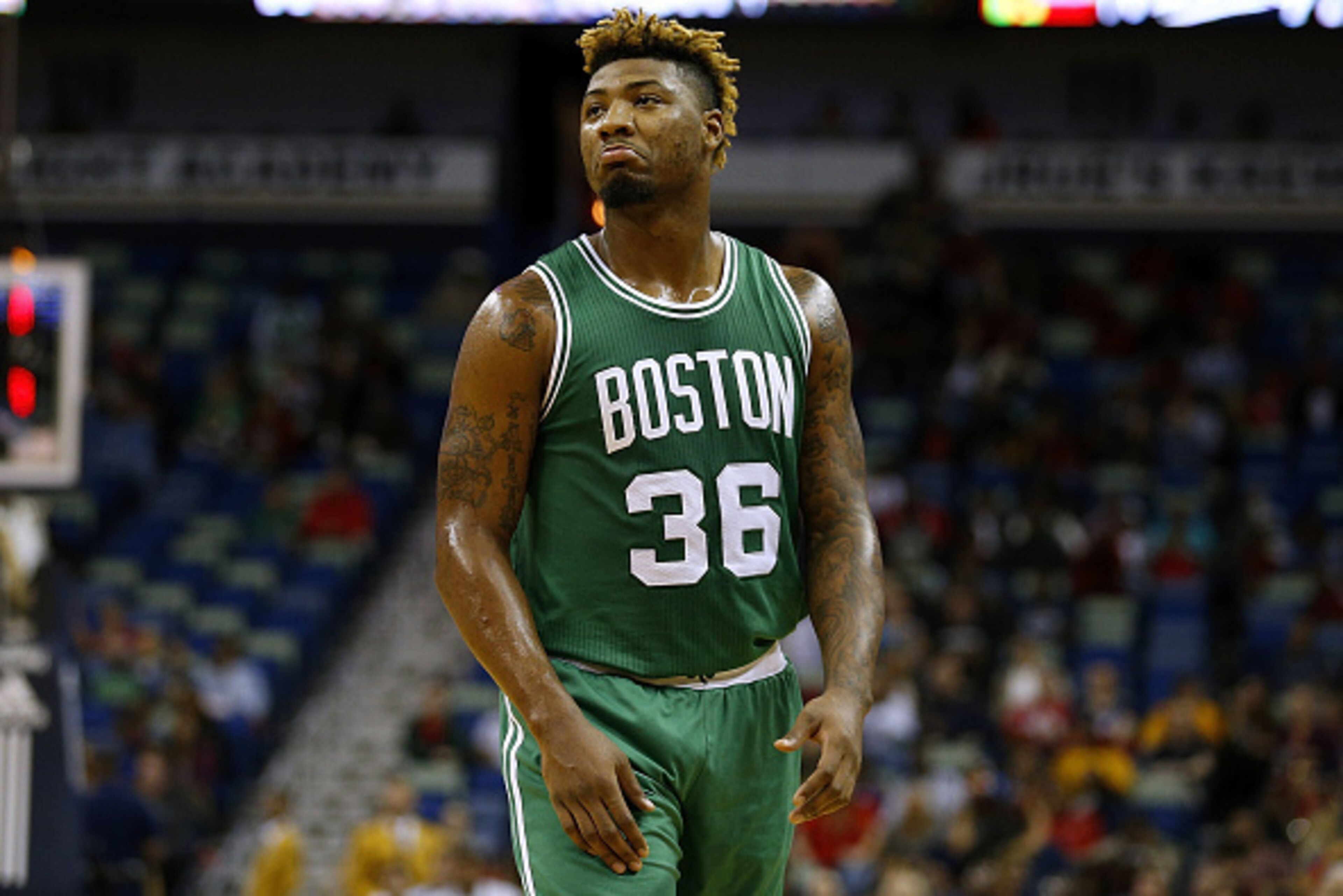 NEW ORLEANS, LA - NOVEMBER 14: Marcus Smart #36 of the Boston Celtics reacts during a game against the New Orleans Pelicans at the Smoothie King Center on November 14, 2016 in New Orleans, Louisiana. NOTE TO USER: User expressly acknowledges and agrees t NEW ORLEANS, LA - NOVEMBER 14: Marcus Smart #36 of the Boston Celtics reacts during a game against the New Orleans Pelicans at the Smoothie King Center on November 14, 2016 in New Orleans, Louisiana. NOTE TO USER: User expressly acknowledges and agrees t
