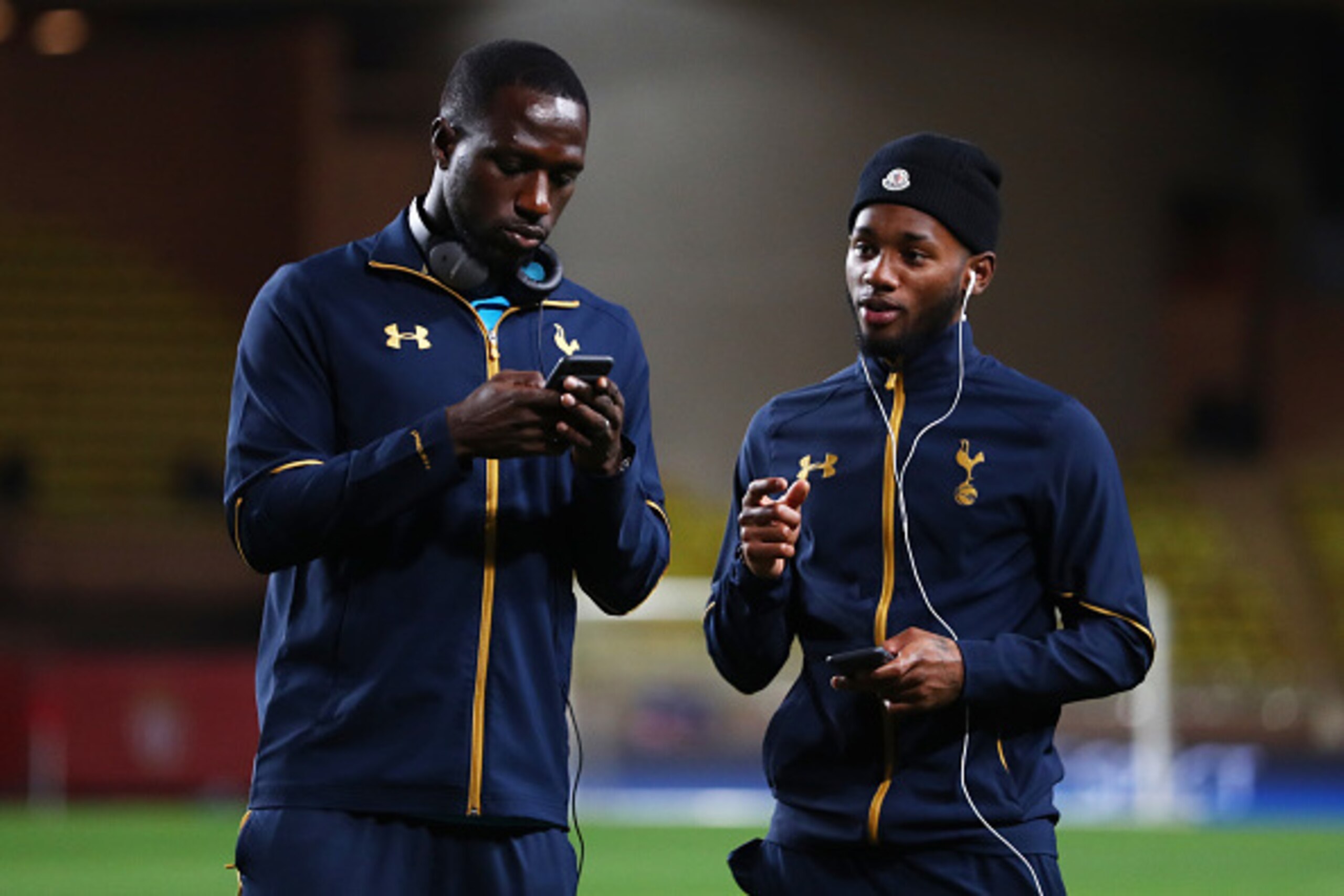 MONACO - NOVEMBER 22: Moussa Sissoko and Georges-Kevin Nkoudou of Tottenham Hotspur walk on the pitch prior to the UEFA Champions League Group E match between AS Monaco FC and Tottenham Hotspur FC  at Louis II Stadium on November 22, 2016 in Monaco.  (Pho