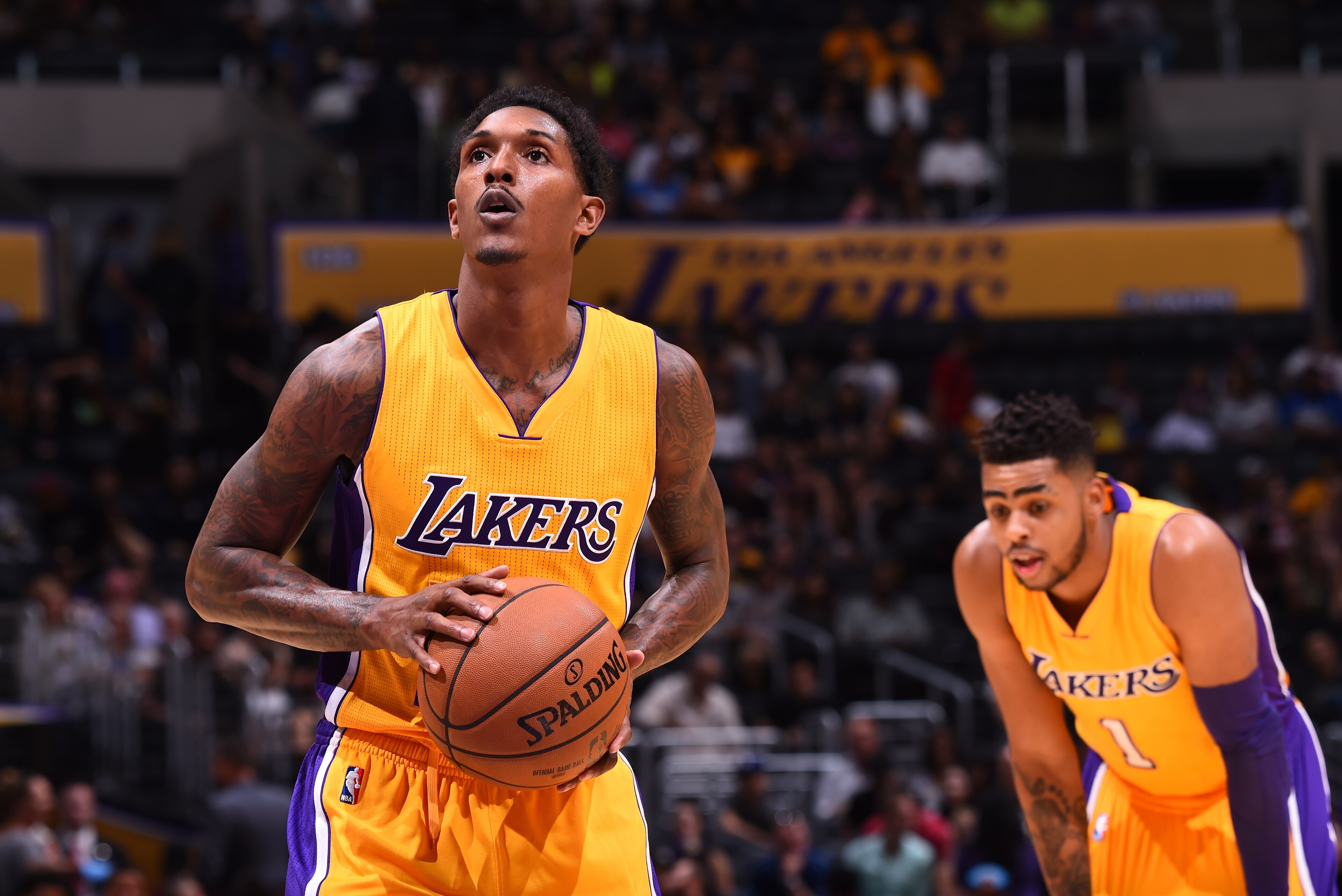 LOS ANGELES, CA - OCTOBER 7: Louis Williams #23 of the Los Angeles Lakers shoots a free throw against the Denver Nuggets during a preseason game on October 7, 2016 at STAPLES Center in Los Angeles, California. NOTE TO USER: User expressly acknowledges and
