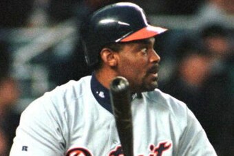 NEW YORK, NY - MAY 9:  Detroit Tigers Cecil Fielder watches the flight of his eleventh homerun and 999th career hit in the second inning 09 May against the New York Yankees. Fielder hit his twelfth homerun in the sixth inning to reach 1,000 career hits.  