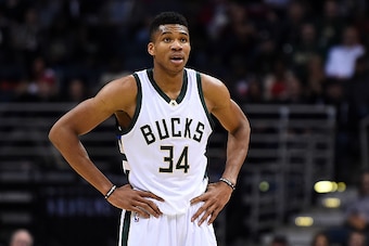 MILWAUKEE, WI - NOVEMBER 29:  Giannis Antetokounmpo #34 of the Milwaukee Bucks waits during a timeout against the Cleveland Cavaliers at the BMO Harris Bradley Center on November 29, 2016 in Milwaukee, Wisconsin.  NOTE TO USER: User expressly acknowledges