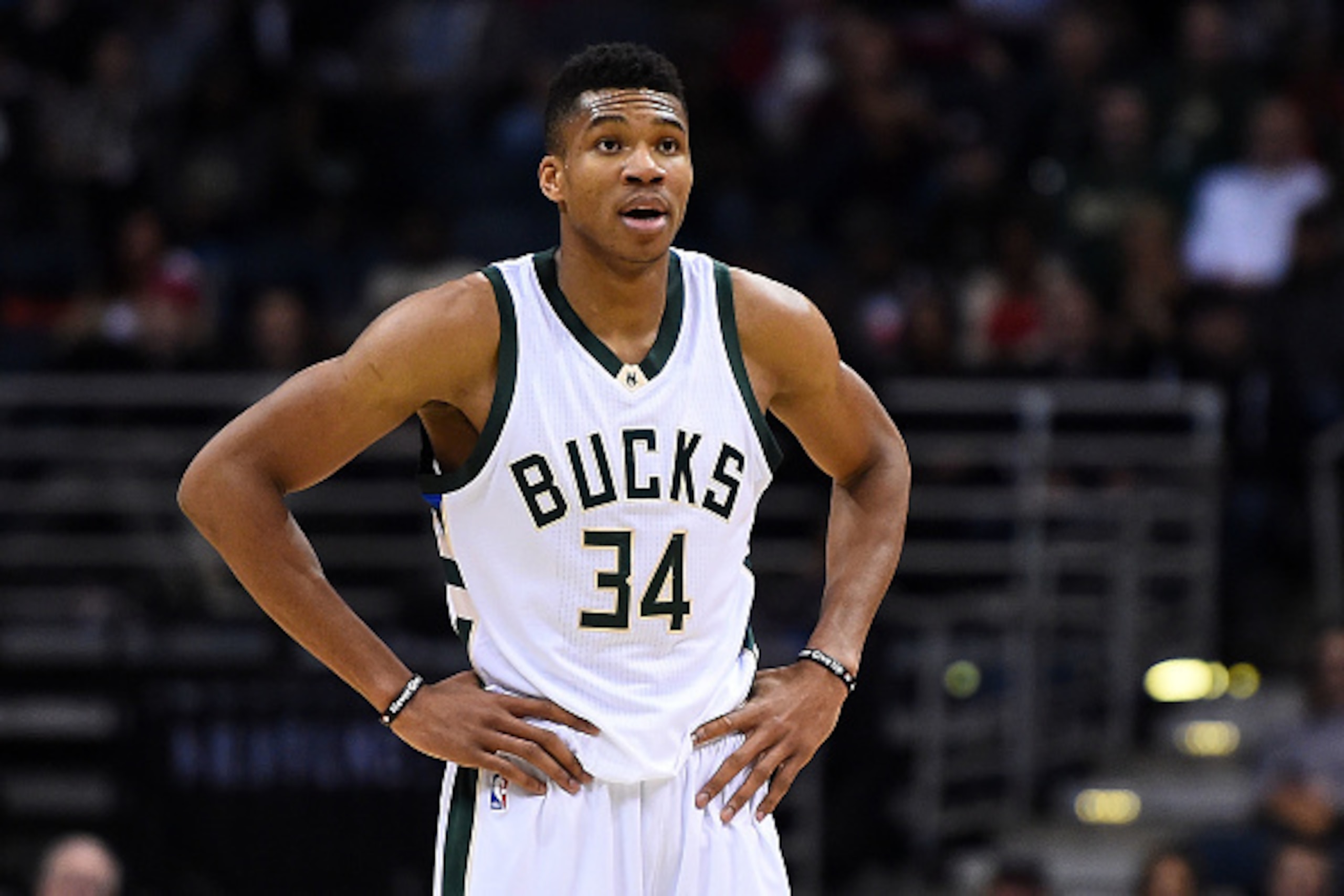 MILWAUKEE, WI - NOVEMBER 29: Giannis Antetokounmpo #34 of the Milwaukee Bucks waits during a timeout against the Cleveland Cavaliers at the BMO Harris Bradley Center on November 29, 2016 in Milwaukee, Wisconsin. NOTE TO USER: User expressly acknowledges MILWAUKEE, WI - NOVEMBER 29: Giannis Antetokounmpo #34 of the Milwaukee Bucks waits during a timeout against the Cleveland Cavaliers at the BMO Harris Bradley Center on November 29, 2016 in Milwaukee, Wisconsin. NOTE TO USER: User expressly acknowledges