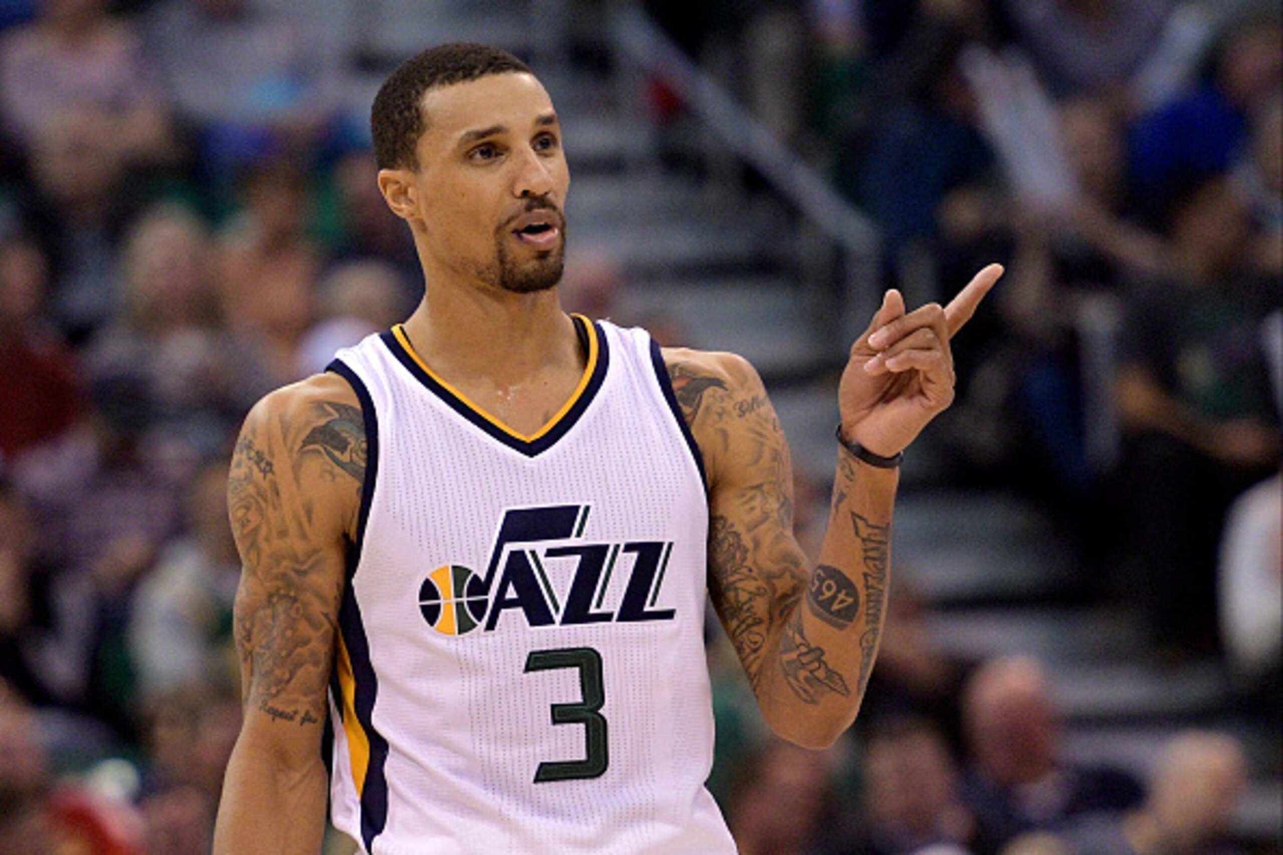 SALT LAKE CITY, UT - NOVEMBER 29: George Hill #3 of the Utah Jazz gestures in the second half of their 120-101 win over the Houston Rockets at Vivint Smart Home Arena on November 29, 2016 in Salt Lake City, Utah. NOTE TO USER: User expressly acknowledges 