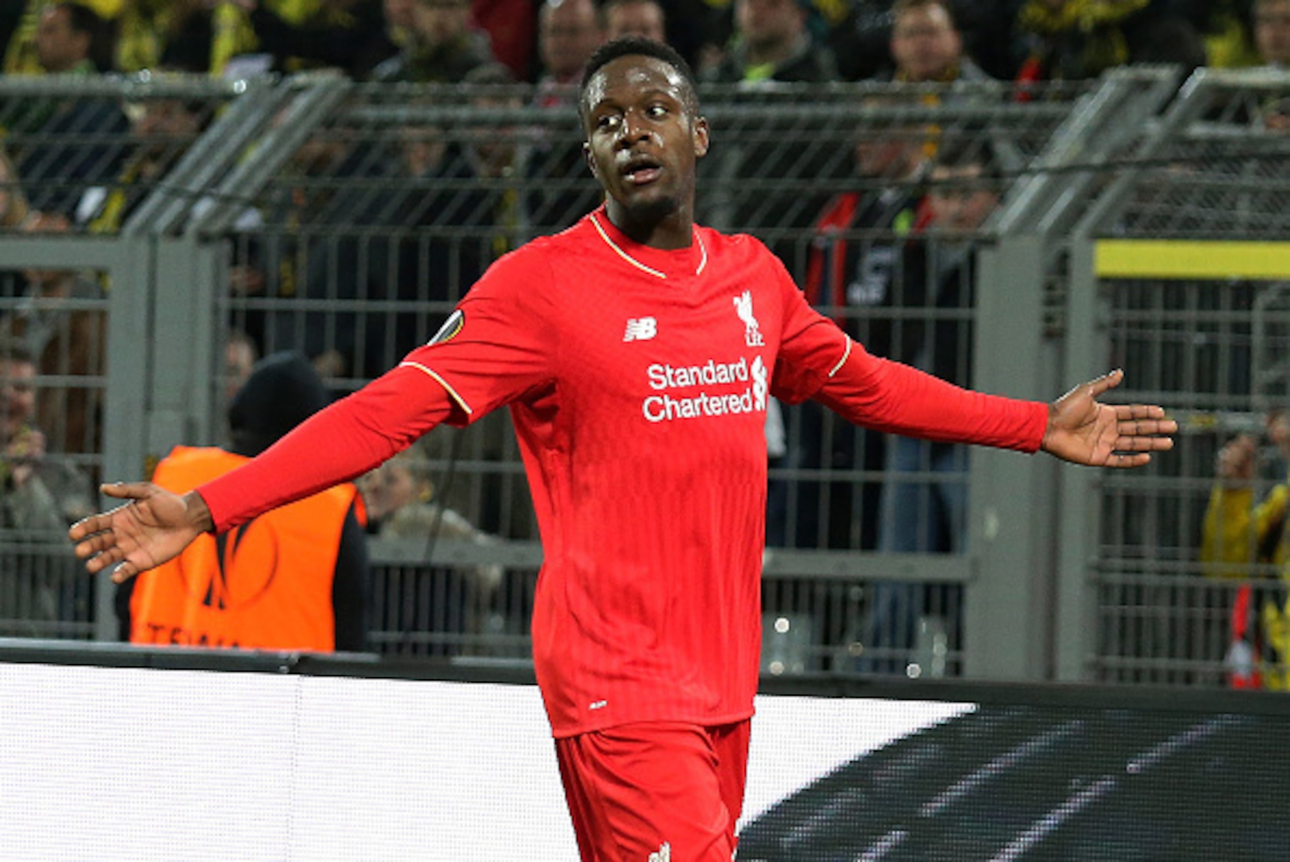 DORTMUND, GERMANY - APRIL 07:  Divock Origi of Liverpool celebrates his goal during the UEFA Europa League quarter final first leg match between Borussia Dortmund and Liverpool FC at Signal Iduna Park aka Westfalenstadion on April 7, 2016 in Dortmund, Ger