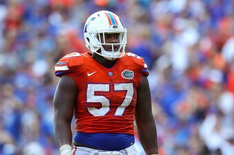 GAINESVILLE, FL - NOVEMBER 07:  Caleb Brantley #57 of the Florida Gators looks on during the game against the Vanderbilt Commodores at Ben Hill Griffin Stadium on November 7, 2015 in Gainesville, Florida.  (Photo by Rob Foldy/Getty Images)