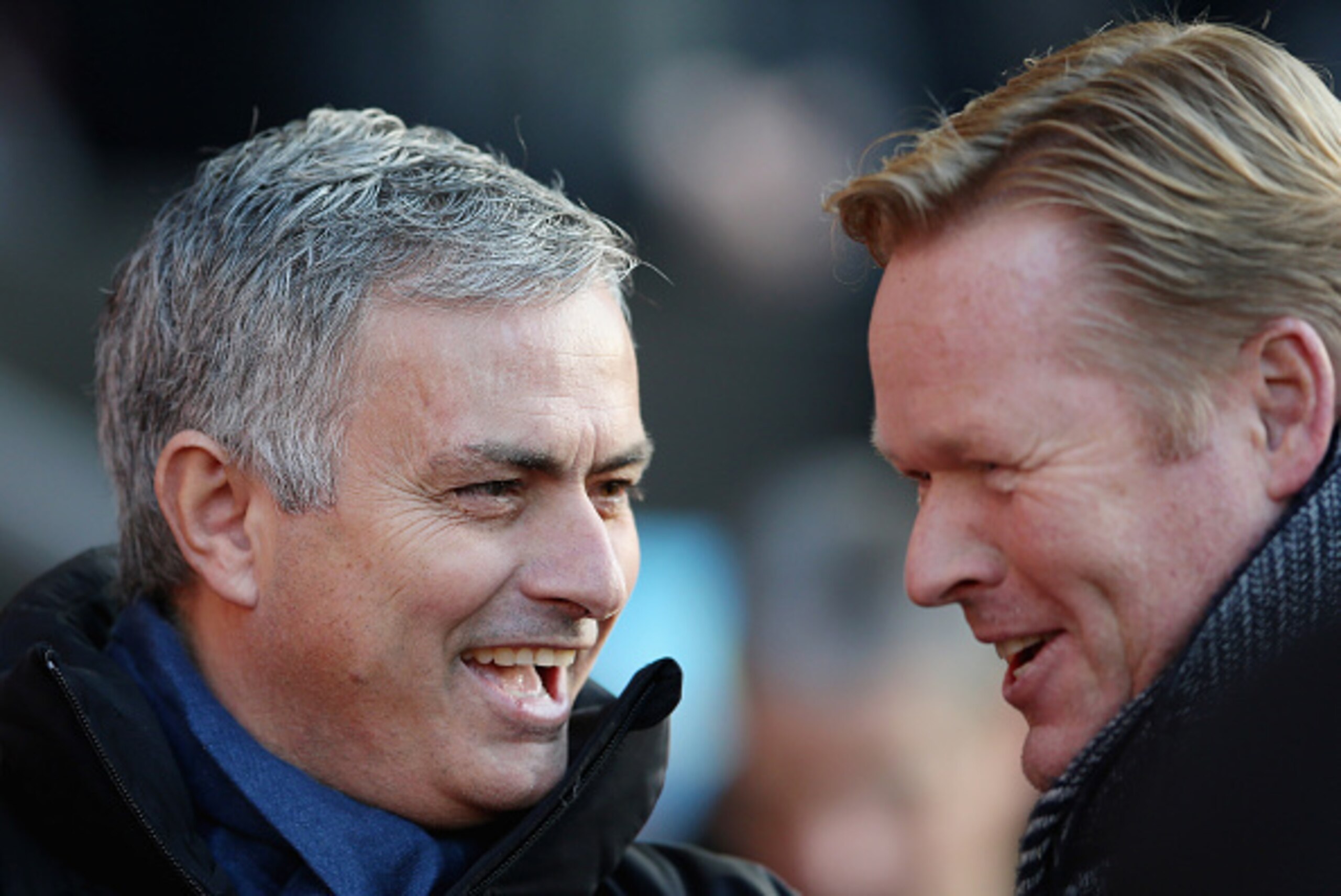 SOUTHAMPTON, ENGLAND - DECEMBER 28:  Chelsea manager Jose Mourinho with Southampton manager Ronald Koeman during the Premier League match between Southampton and Chelsea at St Mary's Stadium on December 28, 2014 in Southampton, England.  (Photo by Scott H