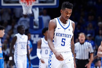 LEXINGTON, KY - DECEMBER 03: Malik Monk #5 of the Kentucky Wildcats reacts in the second half of the game against the UCLA Bruins at Rupp Arena on December 3, 2016 in Lexington, Kentucky. UCLA defeated Kentucky 97-92. (Photo by Joe Robbins/Getty Images)