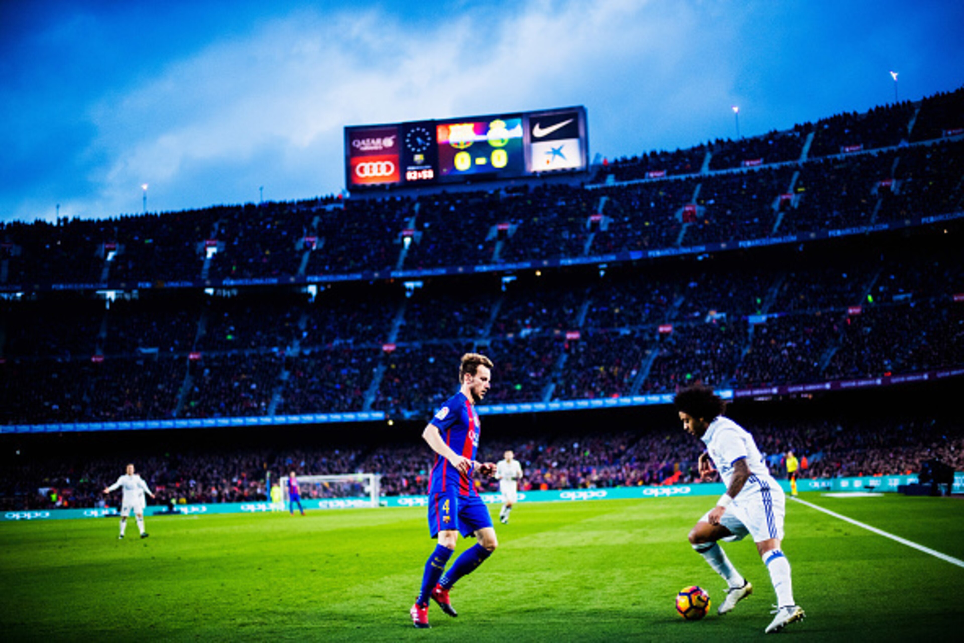 BARCELONA, SPAIN - DECEMBER 03:  Marcelo of Real Madrid and Ivan Rakitic of Barcelona are seen during the La Liga match between FC Barcelona and Real Madrid CF at Camp Nou stadium on December 03, 2016 in Barcelona, Spain.  (Photo by Vladimir Rys Photograp