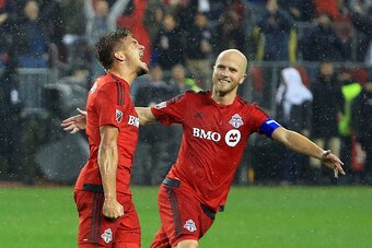 TORONTO, ON - NOVEMBER 30:  Nick Hagglund #6 of Toronto FC celebrates a goal with Michael Bradley #4 during the second half of the MLS Eastern Conference Final, Leg 2 game against Montreal Impact at BMO Field on November 30, 2016 in Toronto, Ontario, Cana