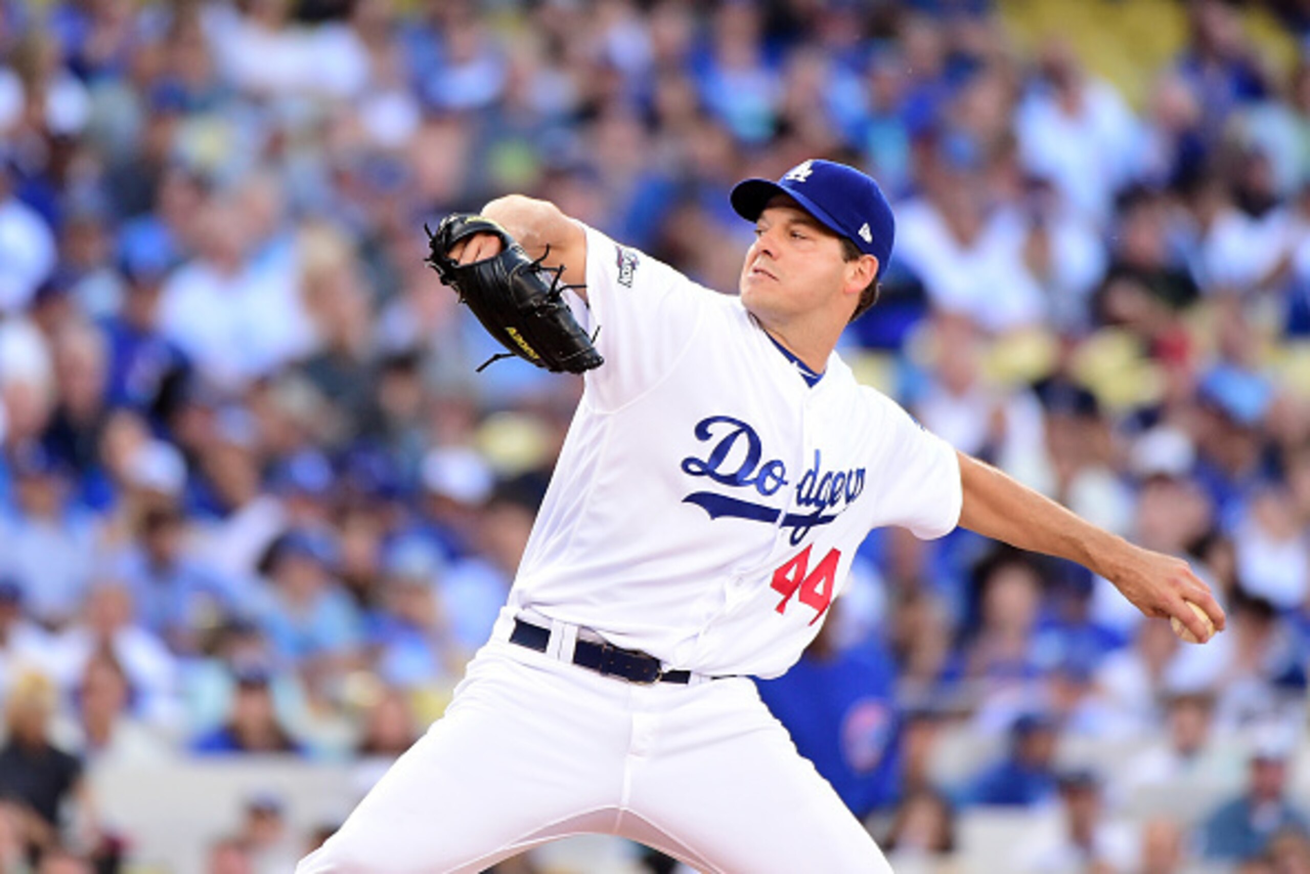LOS ANGELES, CA - OCTOBER 18:  Rich Hill #44 of the Los Angeles Dodgers pitches in the first inning against the Chicago Cubs in game three of the National League Championship Series at Dodger Stadium on October 18, 2016 in Los Angeles, California.  (Photo