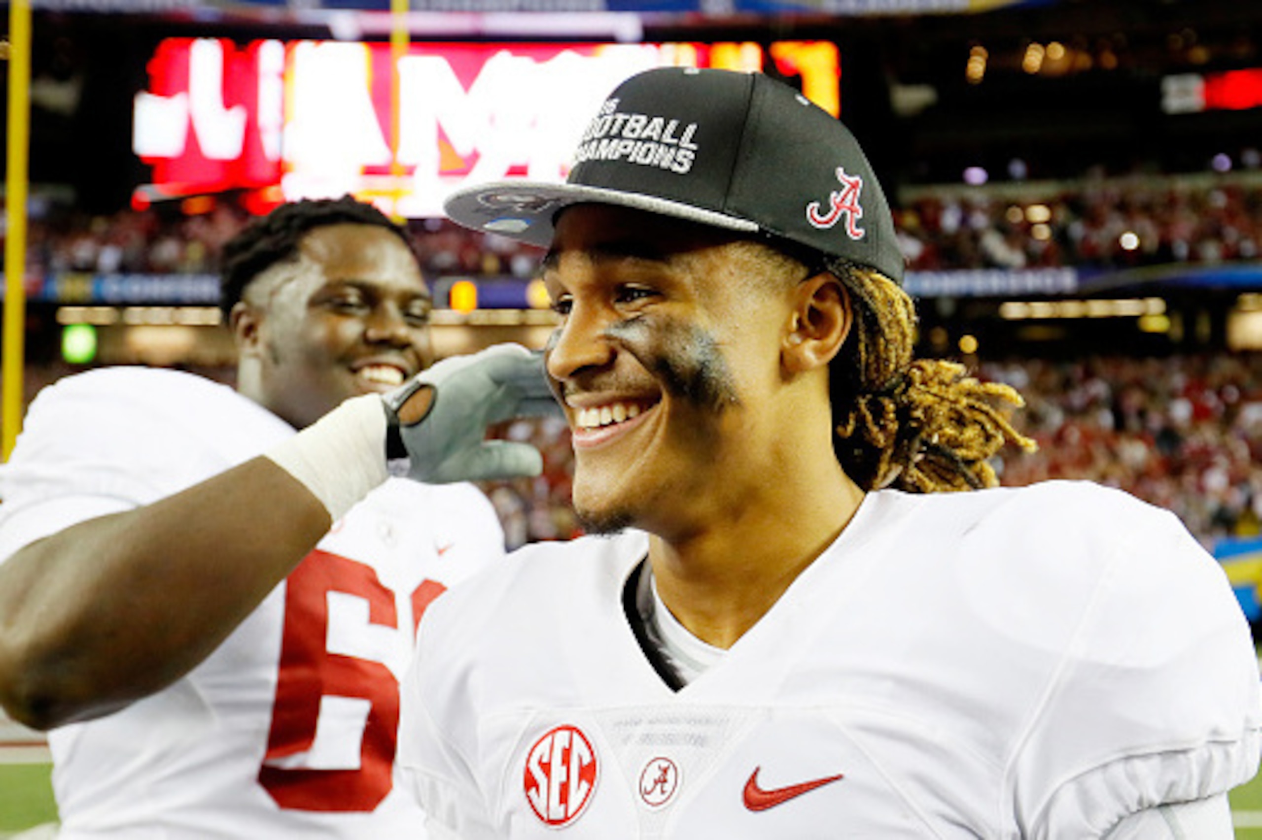 ATLANTA, GA - DECEMBER 03:  Jalen Hurts #2 of the Alabama Crimson Tide celebrates their 54 to 16 win over the Florida Gators in the SEC Championship game at the Georgia Dome on December 3, 2016 in Atlanta, Georgia.  (Photo by Kevin C. Cox/Getty Images)