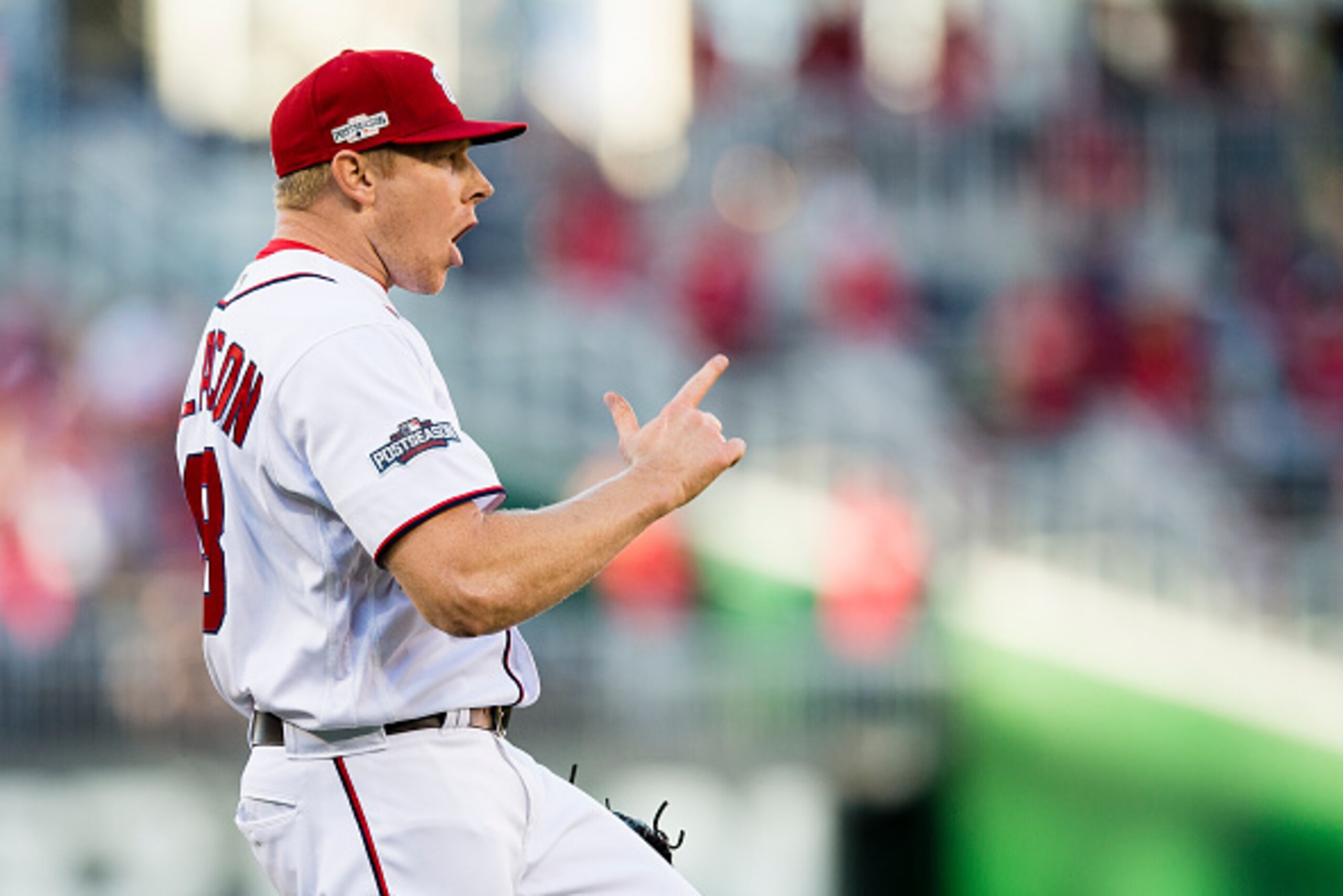 WASHINGTON, DC - OCTOBER 09: Mark Melancon #43 of the Washington Nationals celebrates after the Nationals defeated the Los Angeles Dodgers 5-2 in game two of the National League Division Series at Nationals Park on October 9, 2016 in Washington, DC. (Phot