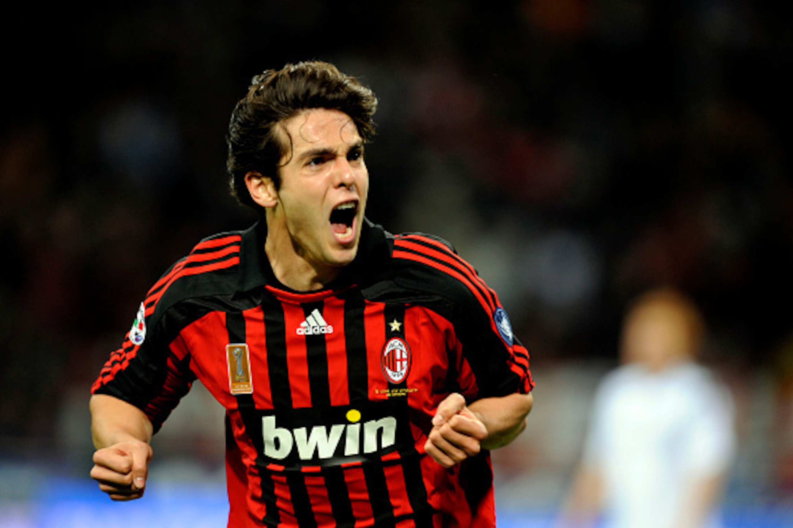 MILAN, ITALY - 05 APRIL 2008: Kaka of AC Milan celebrates during the 'Serie A' 2007-2008 match, round 32, between Milan and Cagliari at the 'Giuseppe Meazza' stadium in Milan.