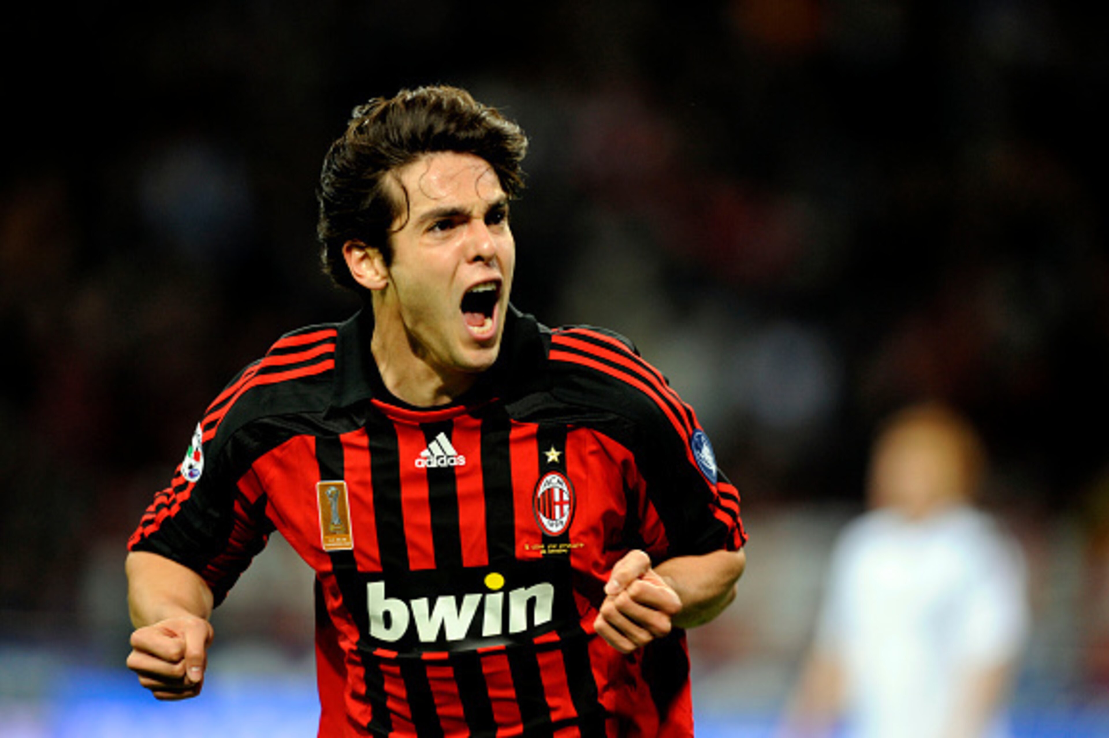 MILAN, ITALY - 05 APRIL 2008: Kaka of AC Milan celebrates during the 'Serie A' 2007-2008 match, round 32, between Milan and Cagliari at the 'Giuseppe Meazza' stadium in Milan.