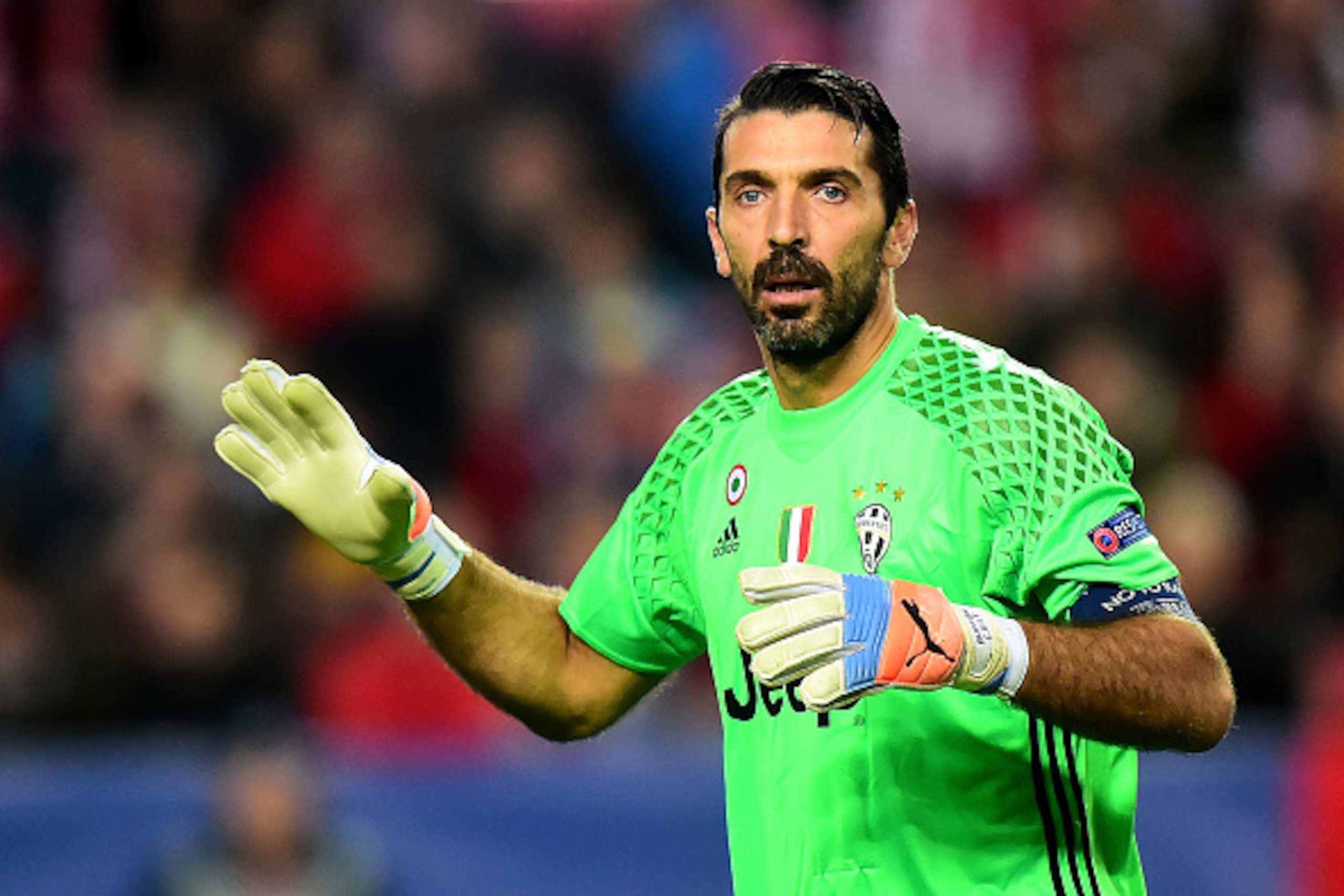 SEVILLE, SPAIN - NOVEMBER 22:  Gianluigi Buffon of Juventus looks on  during the UEFA Champions League match between Sevilla FC and Juventus at Estadio Ramon Sanchez Pizjuan on November 22, 2016 in Seville, Spain.  (Photo by Richard Martin-Roberts - AMA/G