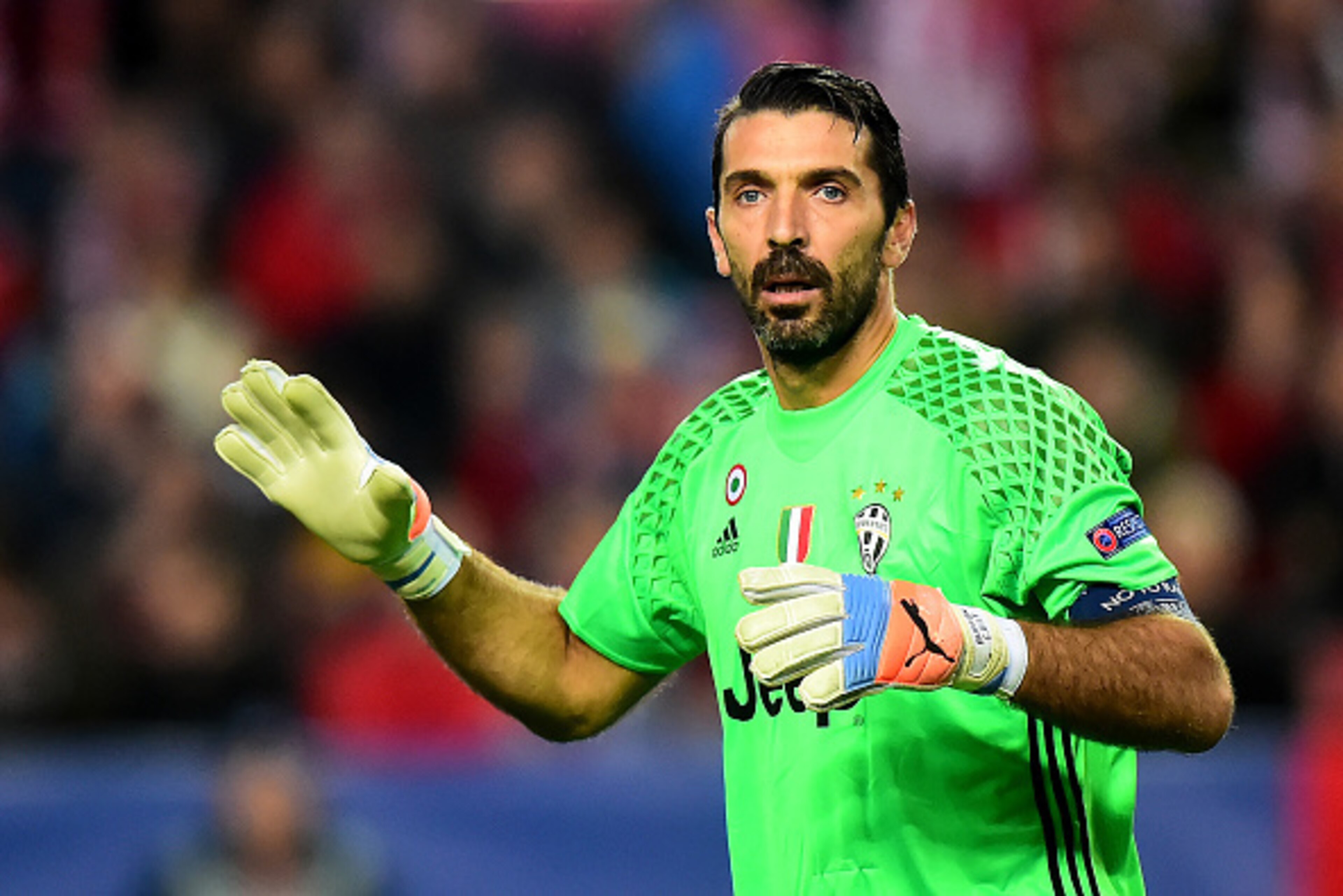 SEVILLE, SPAIN - NOVEMBER 22:  Gianluigi Buffon of Juventus looks on  during the UEFA Champions League match between Sevilla FC and Juventus at Estadio Ramon Sanchez Pizjuan on November 22, 2016 in Seville, Spain.  (Photo by Richard Martin-Roberts - AMA/G