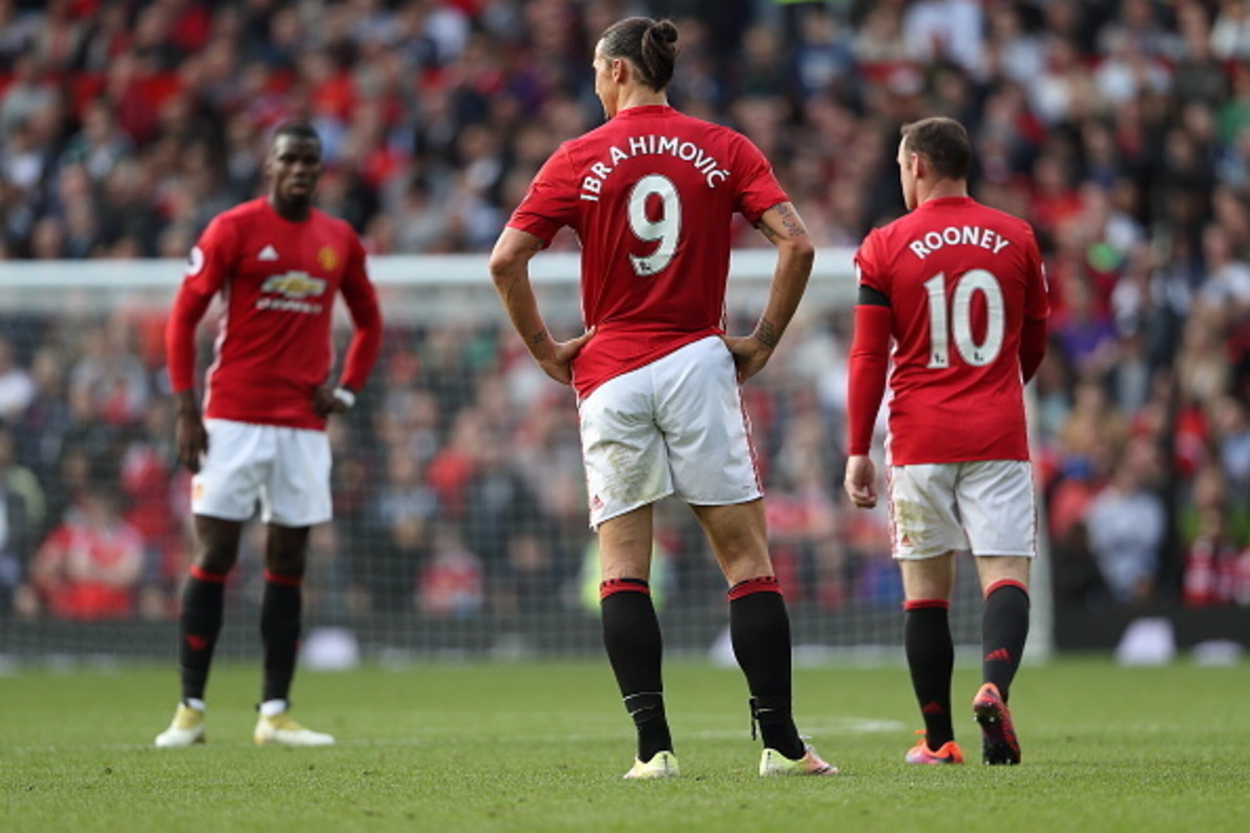 MANCHESTER, ENGLAND - OCTOBER 02: Paul Pogba, Zlatan Ibrahimovic and Wayne Rooney of Manchester United during the Premier League match between Manchester United and Stoke City at Old Trafford on October 2, 2016 in Manchester, England. (Photo by Matthew As MANCHESTER, ENGLAND - OCTOBER 02: Paul Pogba, Zlatan Ibrahimovic and Wayne Rooney of Manchester United during the Premier League match between Manchester United and Stoke City at Old Trafford on October 2, 2016 in Manchester, England. (Photo by Matthew As