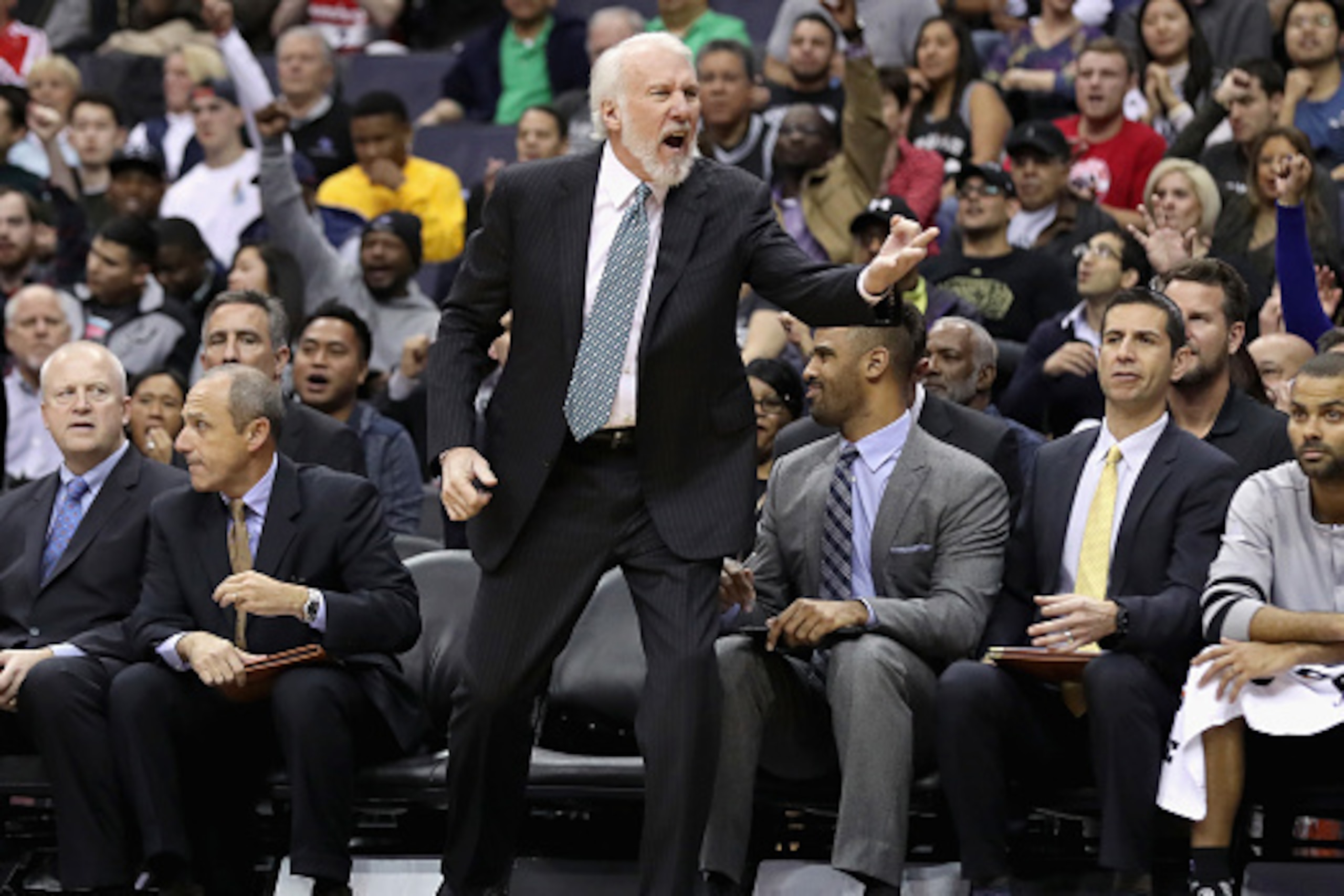 WASHINGTON, DC - NOVEMBER 26: Head coach Gregg Popovich of the San Antonio Spurs argues a call against the Washington Wizards at Verizon Center on November 26, 2016 in Washington, DC. NOTE TO USER: User expressly acknowledges and agrees that, by downloadi