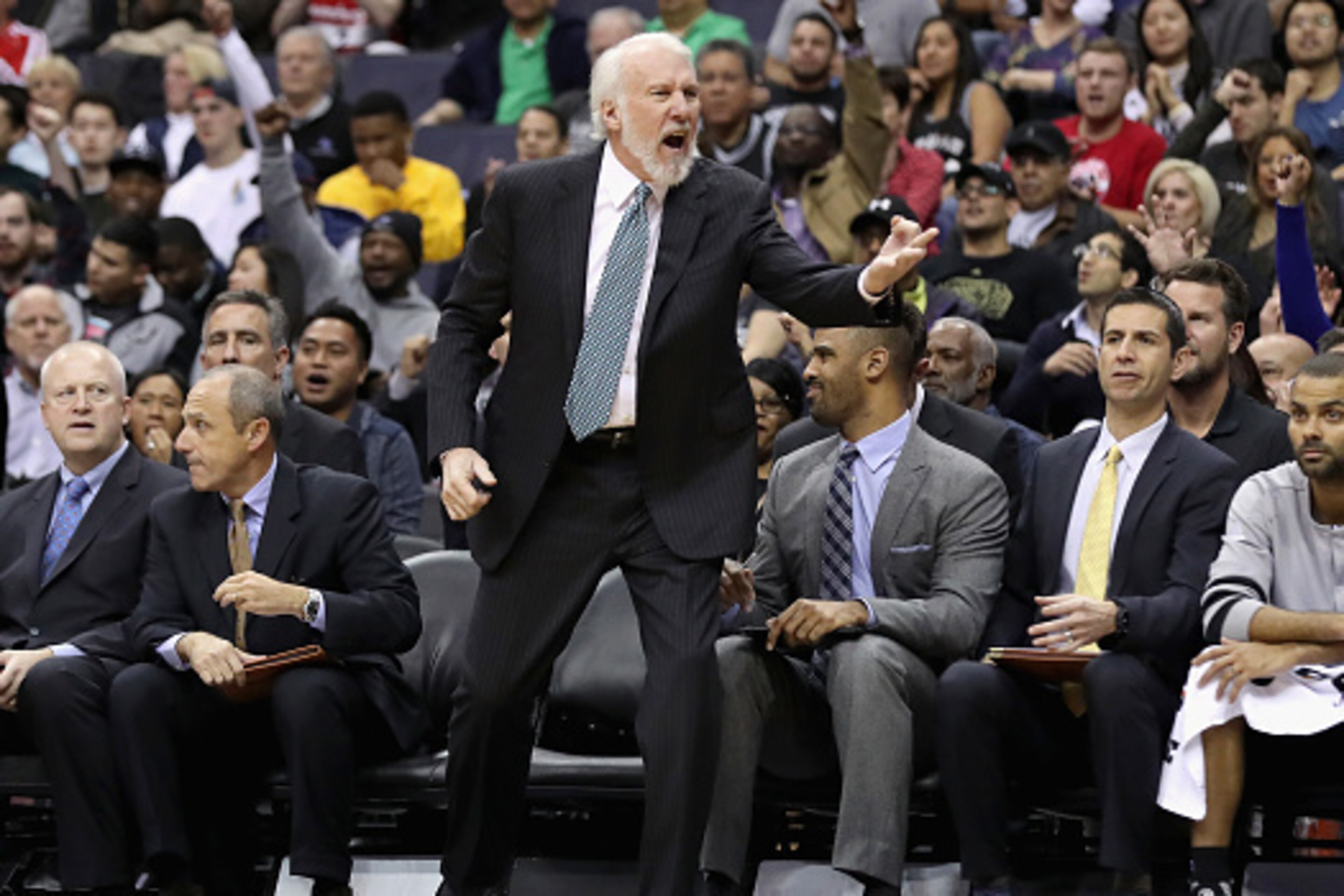 WASHINGTON, DC - NOVEMBER 26: Head coach Gregg Popovich of the San Antonio Spurs argues a call against the Washington Wizards at Verizon Center on November 26, 2016 in Washington, DC. NOTE TO USER: User expressly acknowledges and agrees that, by downloadi
