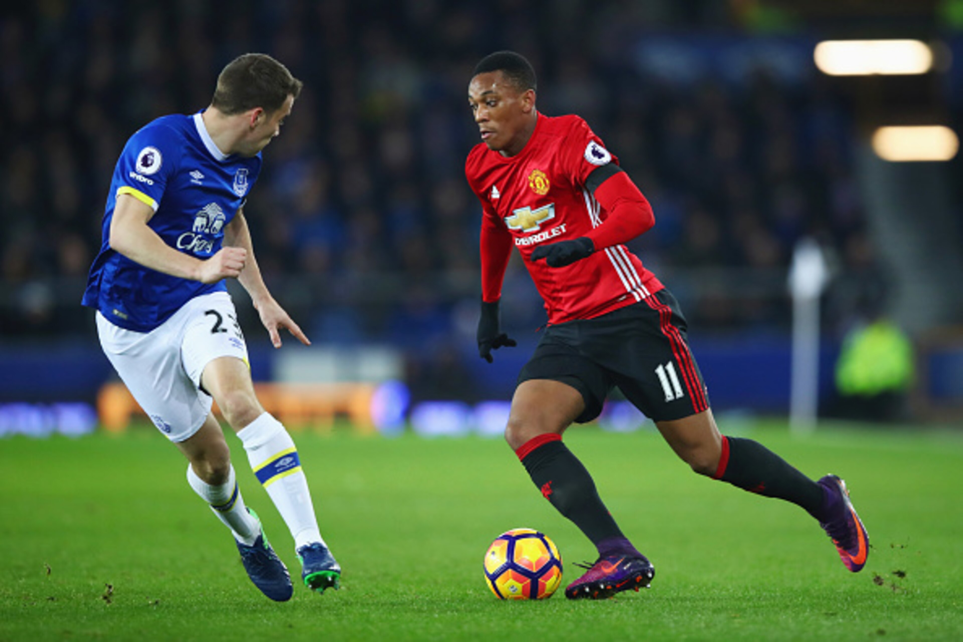 LIVERPOOL, ENGLAND - DECEMBER 04:  nthony Martial of Manchester United is faced by Seamus Coleman of Everton during the Premier League match between Everton and Manchester United at Goodison Park on December 4, 2016 in Liverpool, England.  (Photo by Clive
