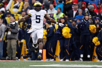 COLUMBUS, OH - NOVEMBER 26:   Jabrill Peppers #5 of the Michigan Wolverines reacts after a missed field goal by the Ohio State Buckeyes during their game at Ohio Stadium on November 26, 2016 in Columbus, Ohio.  (Photo by Gregory Shamus/Getty Images)