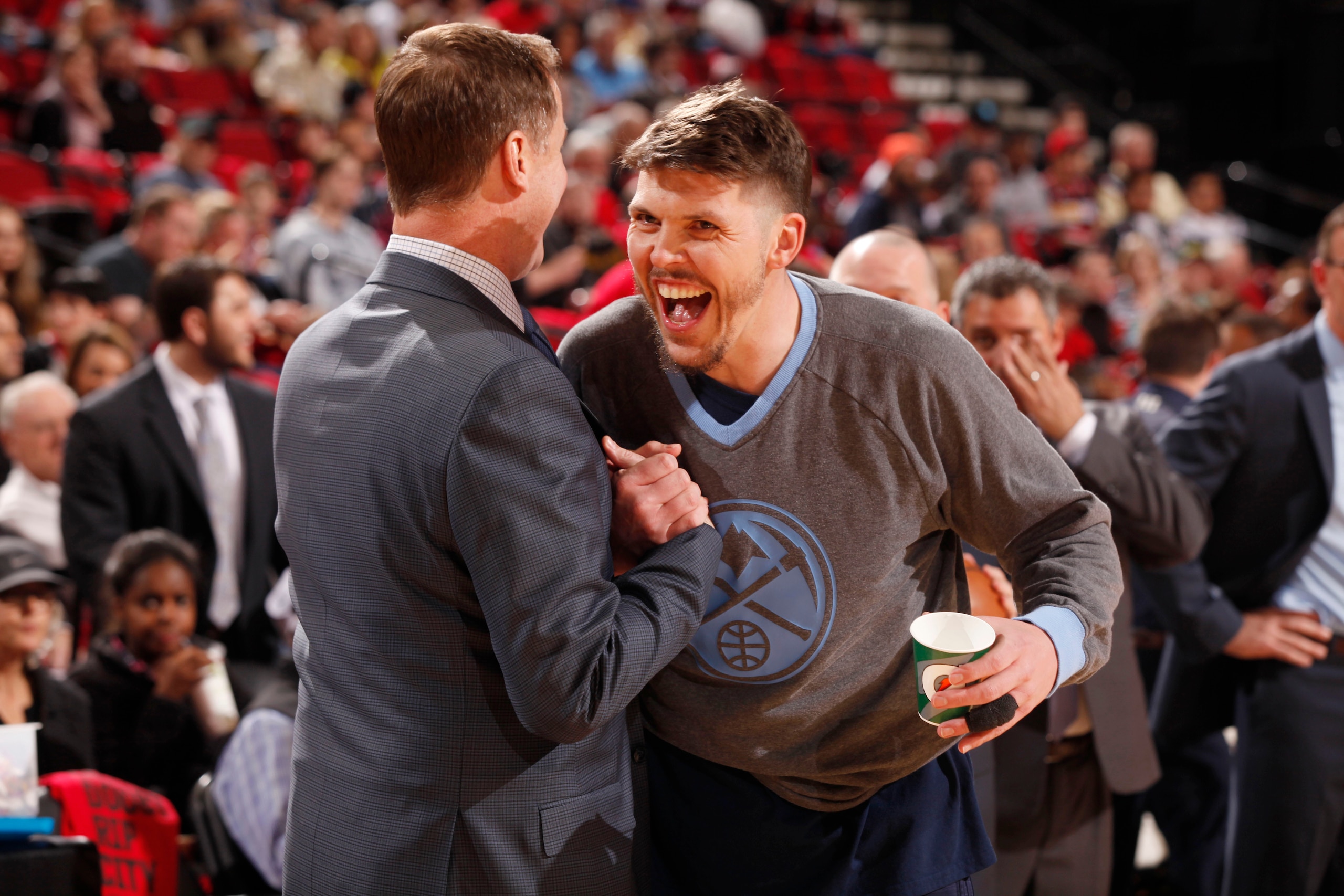 PORTLAND, OR - APRIL 13: Mike Miller #3 of the Denver Nuggets high fives Terry Stotts of the Portland Trail Blazers head coach, before the game on April 13, 2016 at Moda Center in Portland, Oregonian. NOTE TO USER: User expressly acknowledges and agrees PORTLAND, OR - APRIL 13: Mike Miller #3 of the Denver Nuggets high fives Terry Stotts of the Portland Trail Blazers head coach, before the game on April 13, 2016 at Moda Center in Portland, Oregonian. NOTE TO USER: User expressly acknowledges and agrees