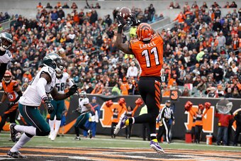CINCINNATI, OH - DECEMBER 4:  Brandon LaFell #11 of the Cincinnati Bengals catches a pass for a touchdown over the defense of Malcolm Jenkins #27 of the Philadelphia Eagles during the third quarter at Paul Brown Stadium on December 4, 2016 in Cincinnati, 