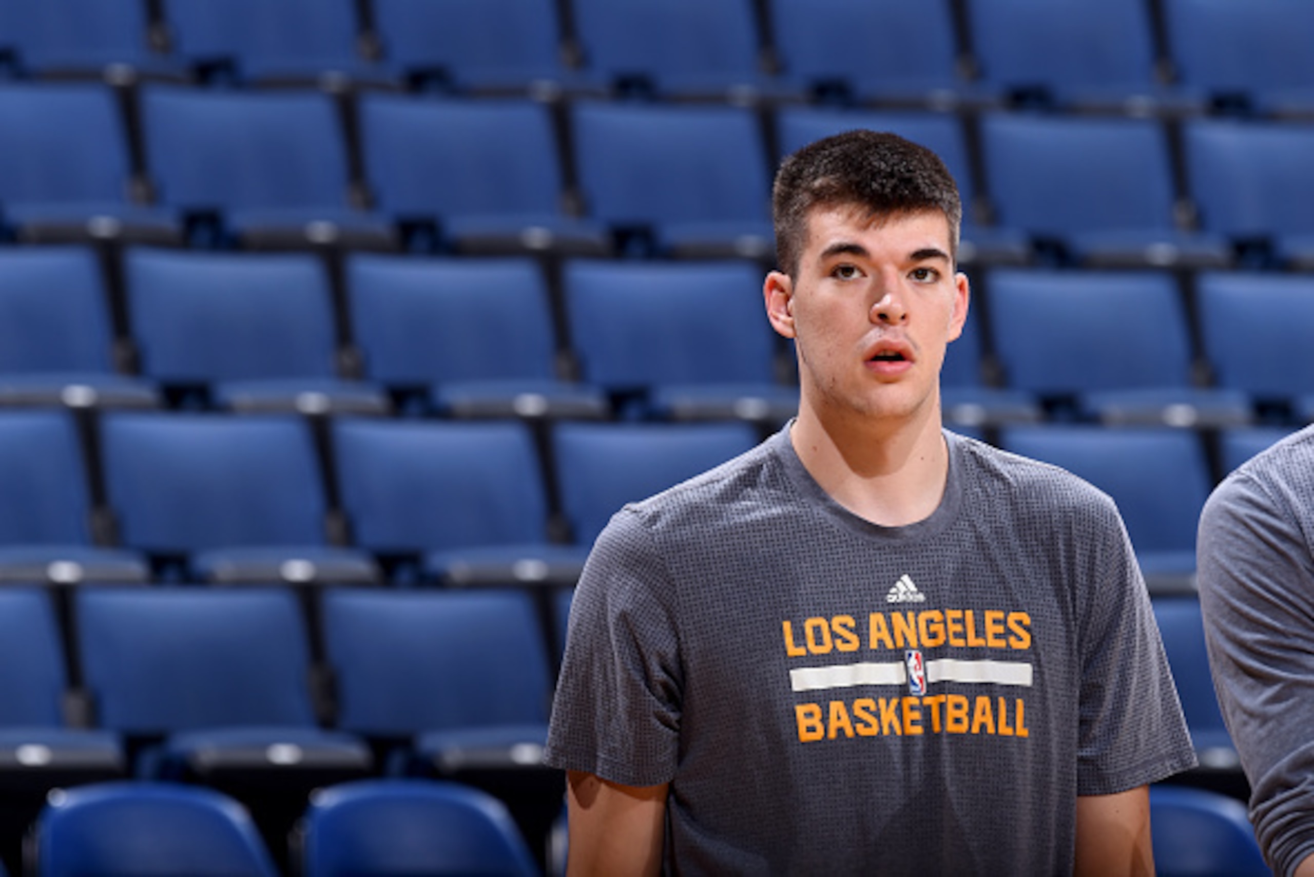 Ontario, CA - OCTOBER 9:  Ivica Zubac #40 of the Los Angeles Lakers looks on before a preseason game against the Denver Nuggets on October 9, 2016 at Citizens Business Bank Arena in Ontario, California. NOTE TO USER: User expressly acknowledges and agrees