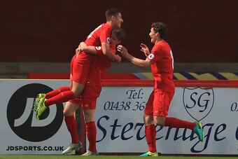STEVENAGE, ENGLAND - SEPTEMBER 19:  Cameron Brannagan of Liverpool is congratulated on his goal during the Premier League 2 match between Tottenham Hotspur and Liverpool at The Lamex Stadium on September 19, 2016 in Stevenage, England.  (Photo by Matthew 