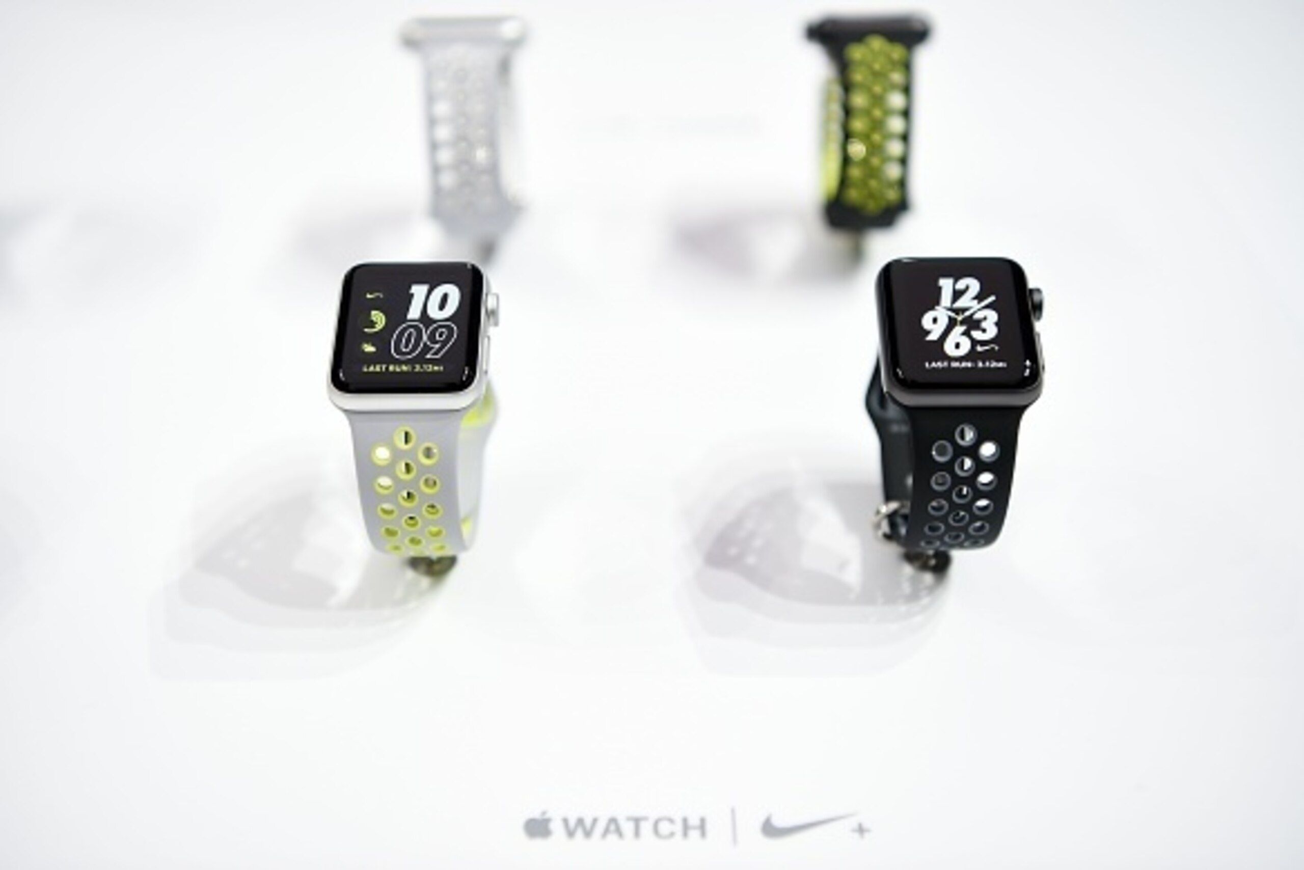 Nike Apple smartwatches are seen on display during an Apple media event at Bill Graham Civic Auditorium in San Francisco, California on September 7, 2016. 
Apple on Wednesday unveiled two upgraded versions of its iPhone and a new waterproof smartwatch, se