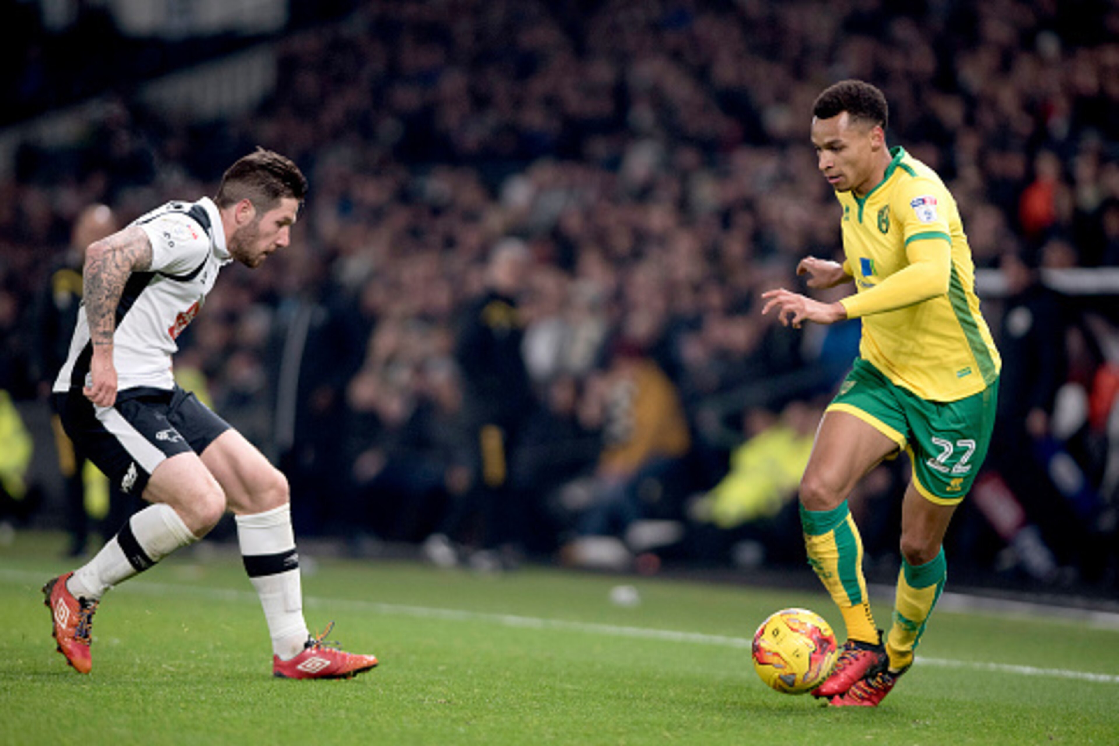 Derby, ENGLAND- November 26: Jacob Murphy of Norwich City and Jacob Butterfield of Derby County in action during the Sky Bet Championship match between Derby County and Norwich City at iPro Stadium on November 26, 2016 in Derby, England. (Photo by Nathan 