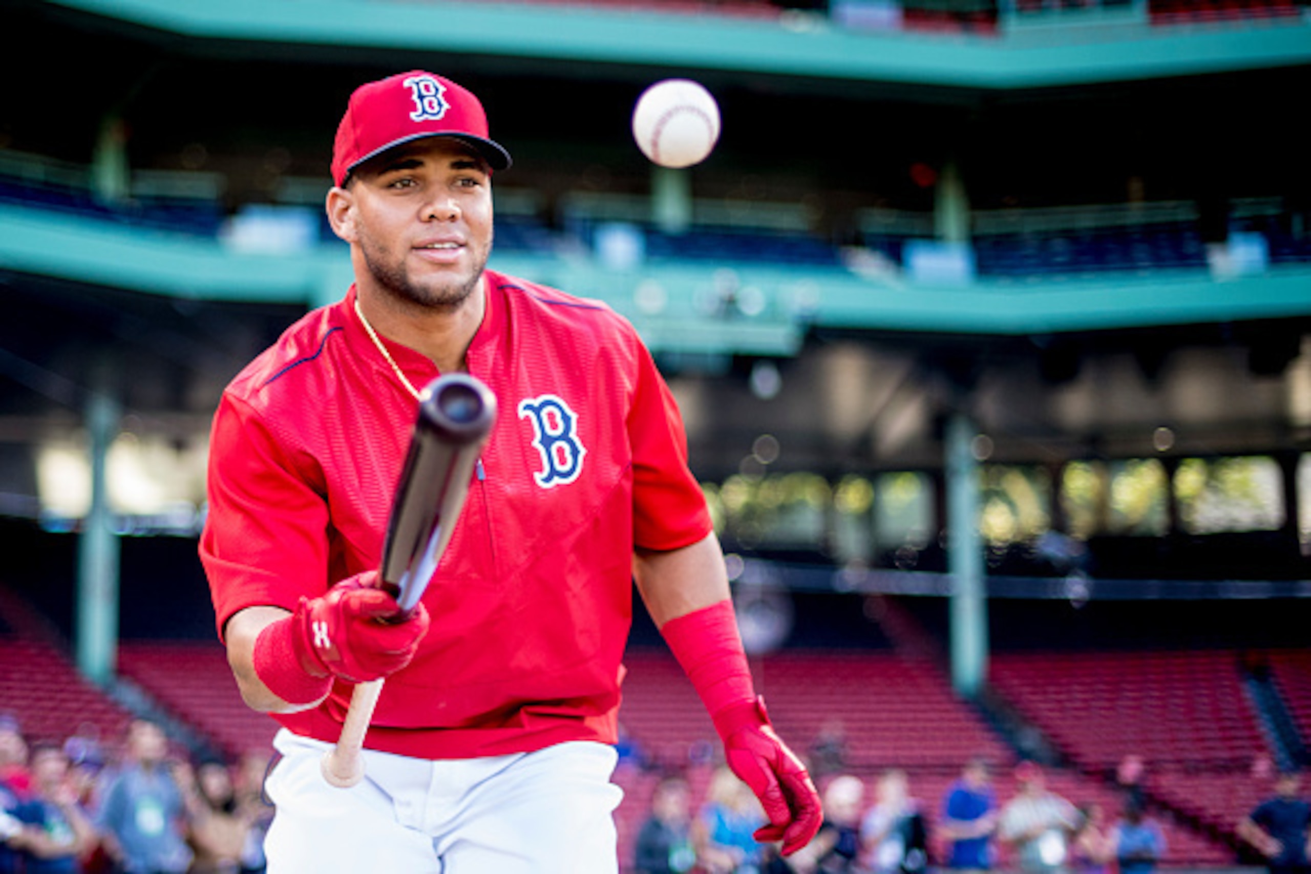 BOSTON, MA - SEPTEMBER 13: Yoan Moncada #65 of the Boston Red Sox bounces a ball off his bat before a game against the Baltimore Orioles on September 13, 2016 at Fenway Park in Boston, Massachusetts. (Photo by Billie Weiss/Boston Red Sox/Getty Images)
