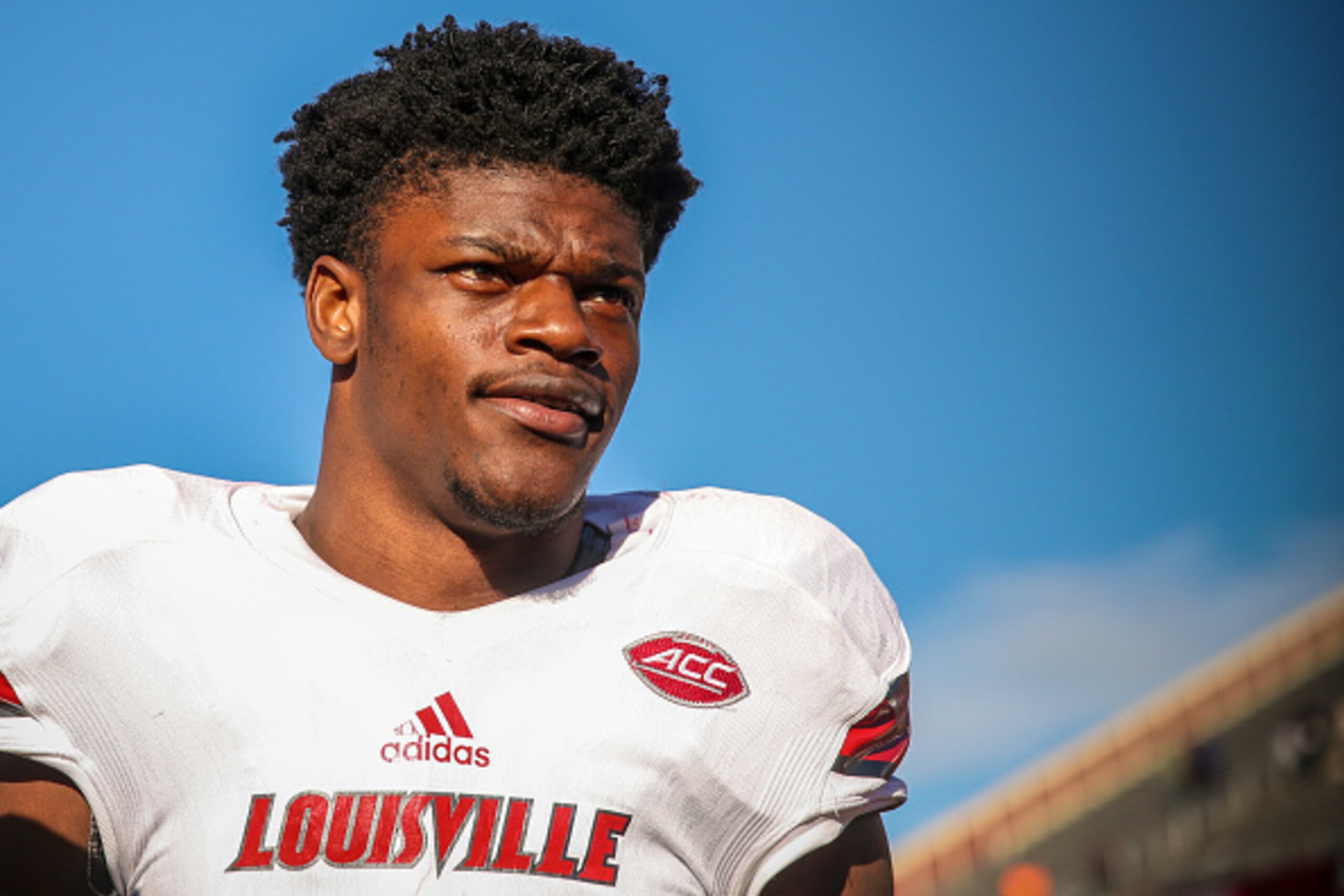 CHESTNUT HILL, MA - NOVEMBER 05: Lamar Jackson #8 of Louisville reacts following a game against Boston College at Alumni Stadium on November 5, 2016 in Chestnut Hill, Massachusetts.  (Photo by Billie Weiss/Getty Images)