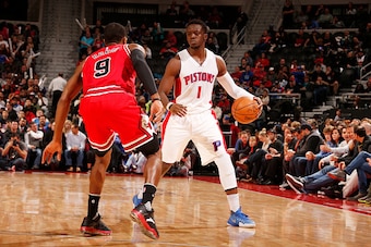 DETROIT, MI - DECEMBER 6:  Reggie Jackson #1 of the Detroit Pistons handles the ball against the Chicago Bulls during the game on December 6, 2016 at The Palace of Auburn Hills in Auburn Hills, Michigan. NOTE TO USER: User expressly acknowledges and agree