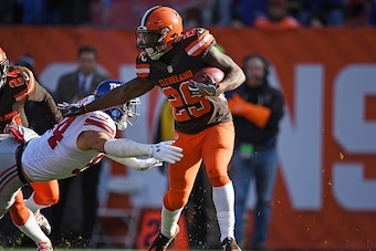 CLEVELAND, OH - NOVEMBER 27:  Duke Johnson #29 of the Cleveland Browns avoids a tackle by Mark Herzlich #94 of the New York Giants during the second quarter at FirstEnergy Stadium on November 27, 2016 in Cleveland, Ohio. (Photo by Jason Miller/Getty Image