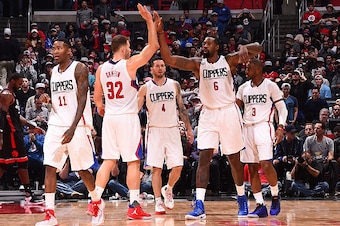 LOS ANGELES, CA - NOVEMBER 21:Jamal Crawford #11, Blake Griffin #32, DeAndre Jordan #6 and Chris Paul #3 of the LA Clippers show emotion during the game against the Toronto Raptors at STAPLES Center on November 21, 2016 in Los Angeles, California. NOTE TO