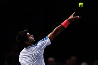 PARIS, FRANCE - NOVEMBER 02:  Fernando Verdasco of Spain serves against Andy Murray of Great Britain during the Mens Singles second round match on day three of the BNP Paribas Masters at Palais Omnisports de Bercy on November 2, 2016 in Paris, France. (Ph