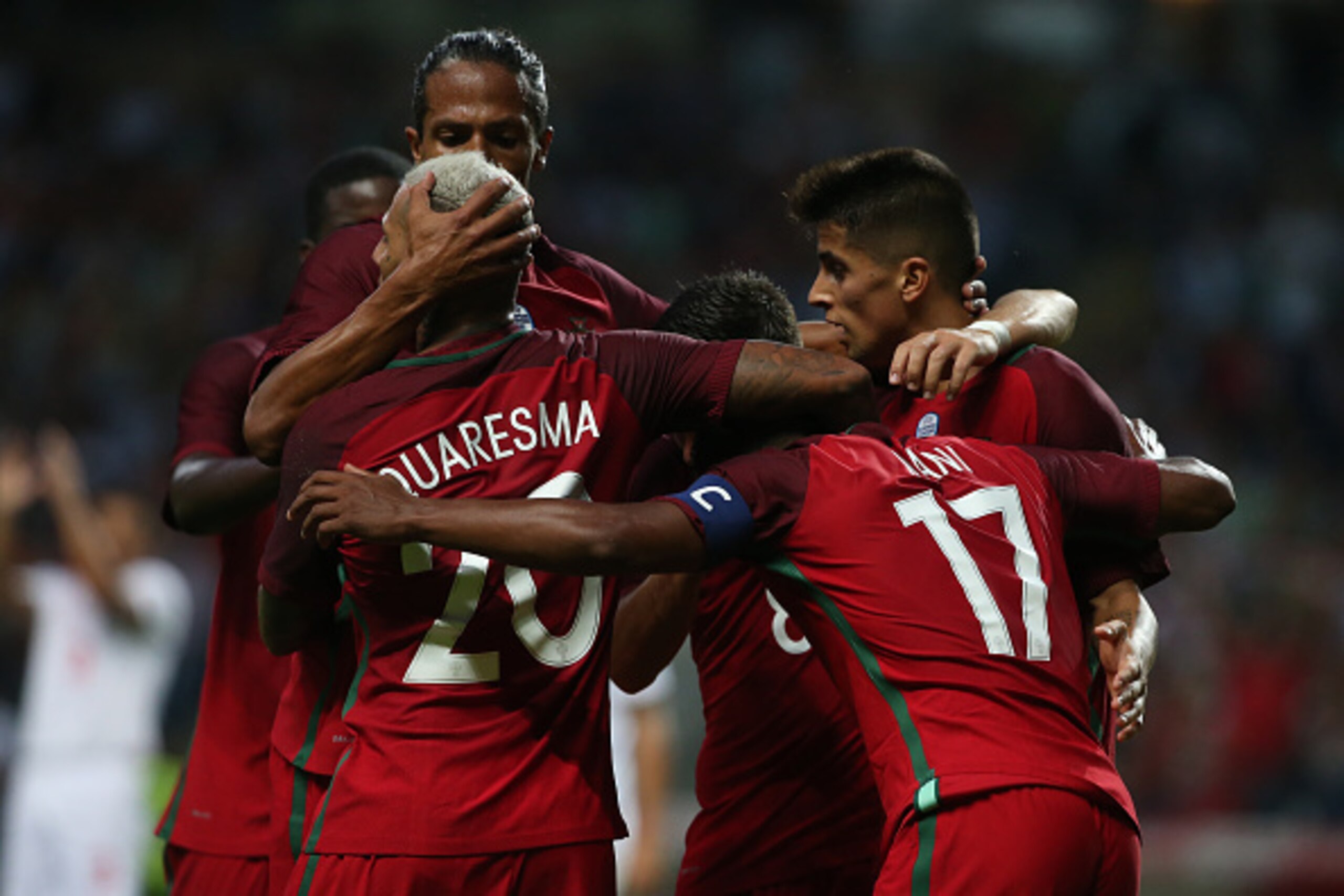 PORTO, PORTUGAL - SEPTEMBER 1: Portugal's forward Nani celebrates with teammates after scoring a goal during the International Friendly match between Portugal and Gibraltar at Estadio do Bessa on September 1, 2016 in Porto, Portugal.  (Photo by Gualter Fa