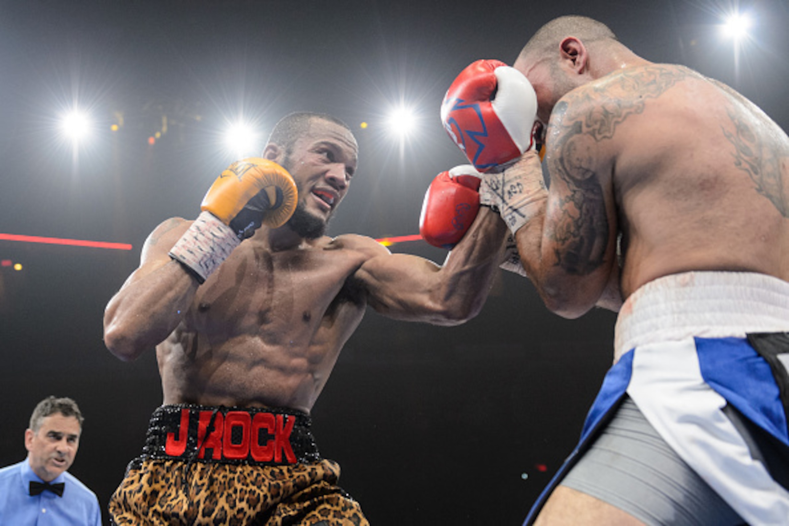 QUEBEC CITY, QC - APRIL 04:  Julian Williams punches Joey Hernandez during the light heavyweight bout at Pepsi Coliseum on April 4, 2015 in Quebec City, Quebec, Canada.  (Photo by Minas Panagiotakis/Getty Images)