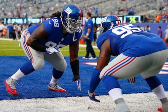 EAST RUTHERFORD, NJ - AUGUST 12: Damon Harrison #98 of the New York Giants lines up against teammate Johnathan Hankins #95 during warm ups before an NFL preseason game against the Miami Dolphins at MetLife Stadium on August 12, 2016 in East Rutherford, Ne