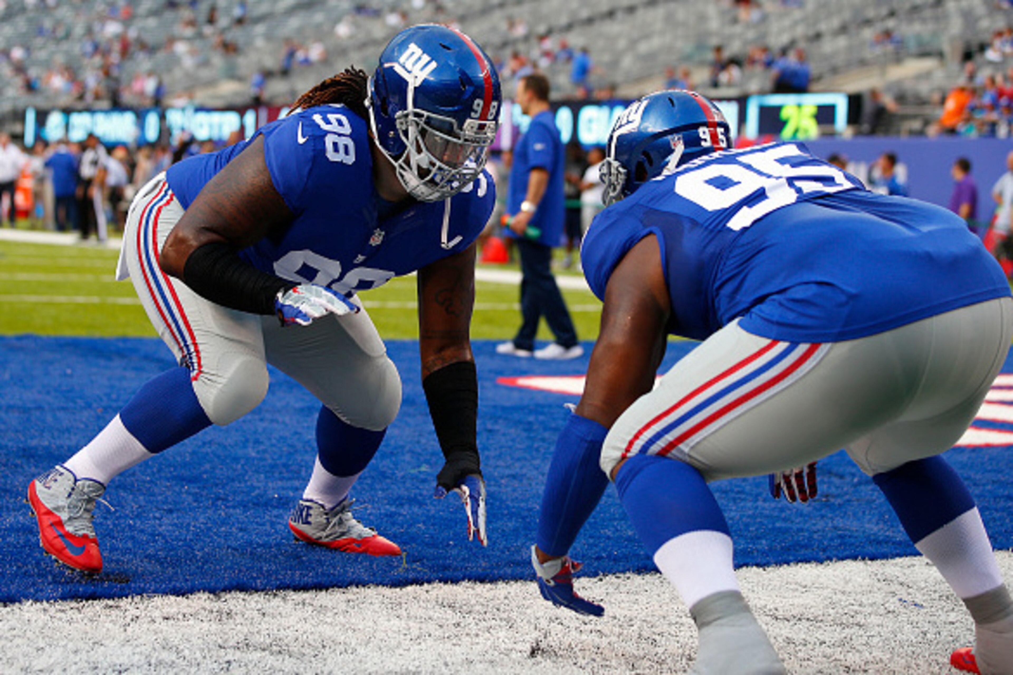 EAST RUTHERFORD, NJ - AUGUST 12: Damon Harrison #98 of the New York Giants lines up against teammate Johnathan Hankins #95 during warm ups before an NFL preseason game against the Miami Dolphins at MetLife Stadium on August 12, 2016 in East Rutherford, Ne