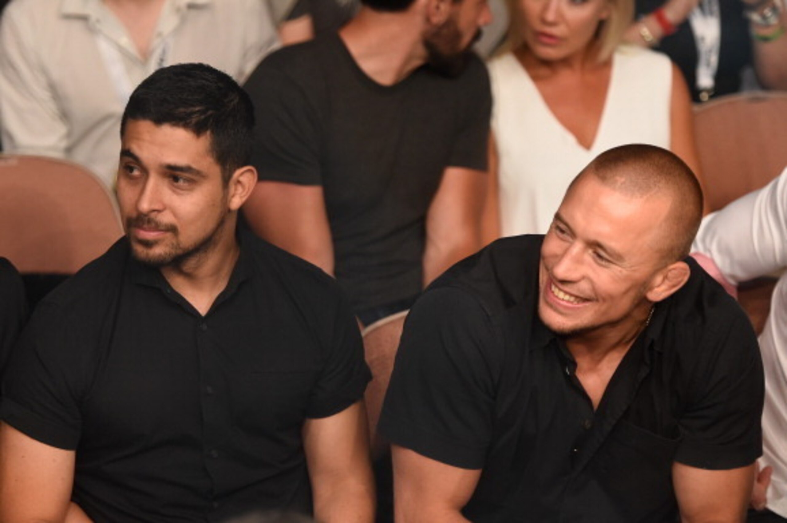 LAS VEGAS, NV - JULY 05:  (L-R) Wilmer Valderramaand George St. Pierre watches Uraih Hall and Thiago Santos in their middleweight fight at UFC 175 inside the Mandalay Bay Events Center on July 5, 2014 in Las Vegas, Nevada.  (Photo by Donald Miralle/Zuffa 