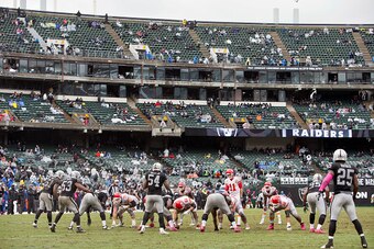 OAKLAND, CA - OCTOBER 16:  The fans have left the Oakland-Alameda County Coliseum as the Kansas City Chiefs defeat the Oakland Raiders late in the fourth quarter on October 16, 2016 at in Oakland, California.  The Chiefs won 26-10.  (Photo by Brian Bahr/G