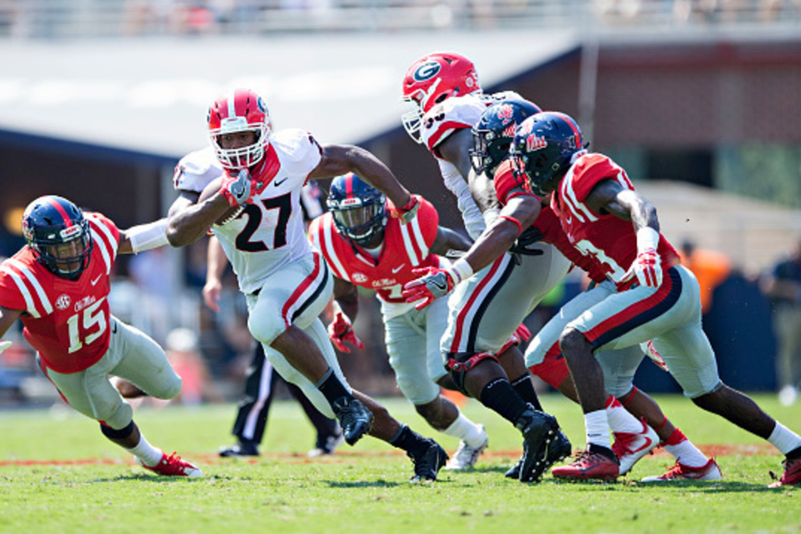 OXFORD, MS - SEPTEMBER 24: Nick Chubb #27 of the Georgia Bulldogs runs the ball during a game against the Mississippi Rebels at Vaught-Hemingway Stadium on September 24, 2016 in Oxford, Mississippi. The Rebels defeated the Bulldogs 45-14. (Photo by Wes OXFORD, MS - SEPTEMBER 24: Nick Chubb #27 of the Georgia Bulldogs runs the ball during a game against the Mississippi Rebels at Vaught-Hemingway Stadium on September 24, 2016 in Oxford, Mississippi. The Rebels defeated the Bulldogs 45-14. (Photo by Wes
