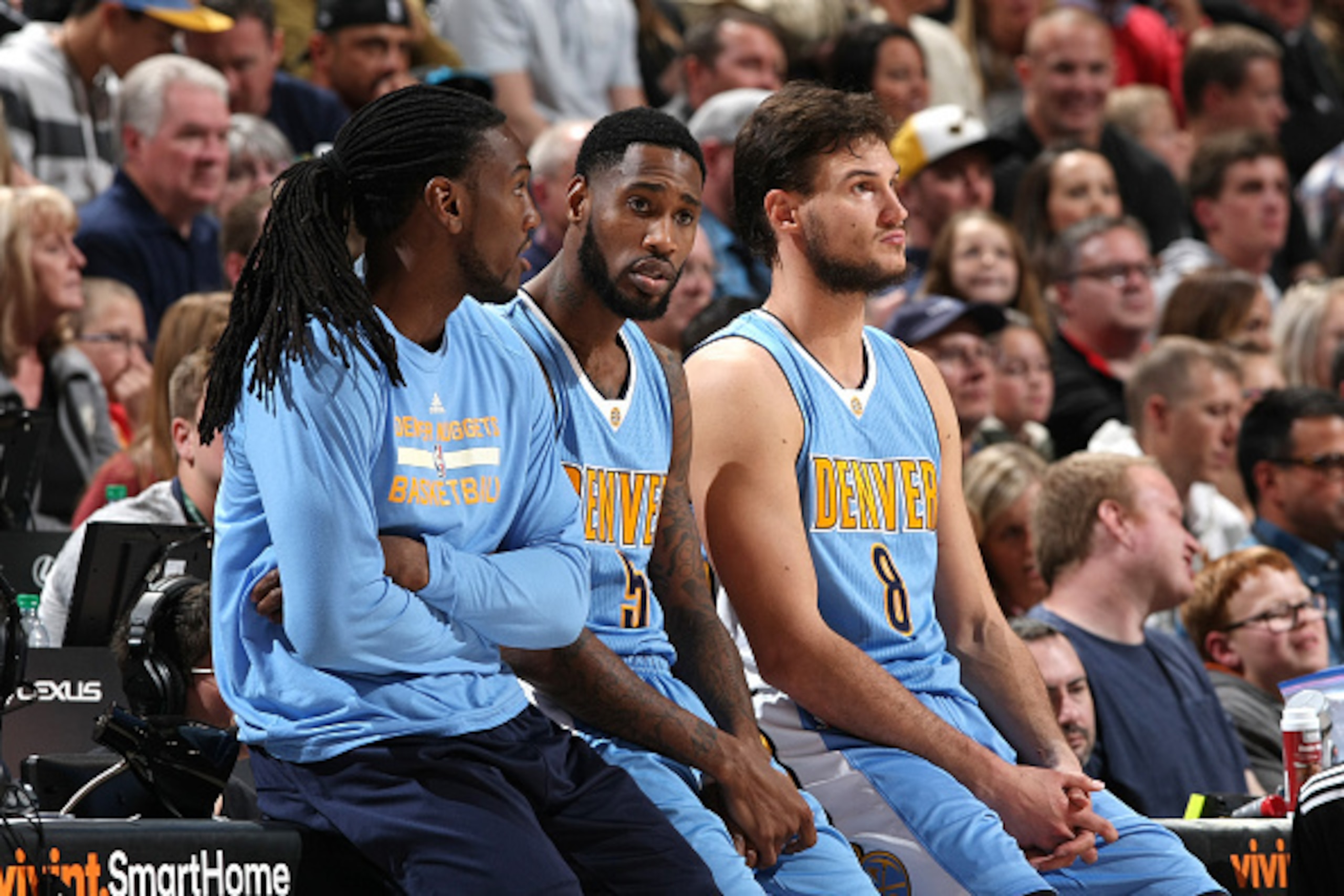 SALT LAKE CITY, UT - DECEMBER 3: Kenneth Faried #35, Will Barton #5 and Danilo Gallinari #8 of the Denver Nuggets wait to get called in during the game against the Utah Jazz on December 3, 2016 at EnergySolutions Arena in Salt Lake City, Utah. NOTE TO USE