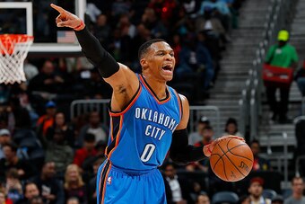 ATLANTA, GA - DECEMBER 05:  Russell Westbrook #0 of the Oklahoma City Thunder calls out to his teammates against the Atlanta Hawks at Philips Arena on December 5, 2016 in Atlanta, Georgia.  NOTE TO USER User expressly acknowledges and agrees that, by down