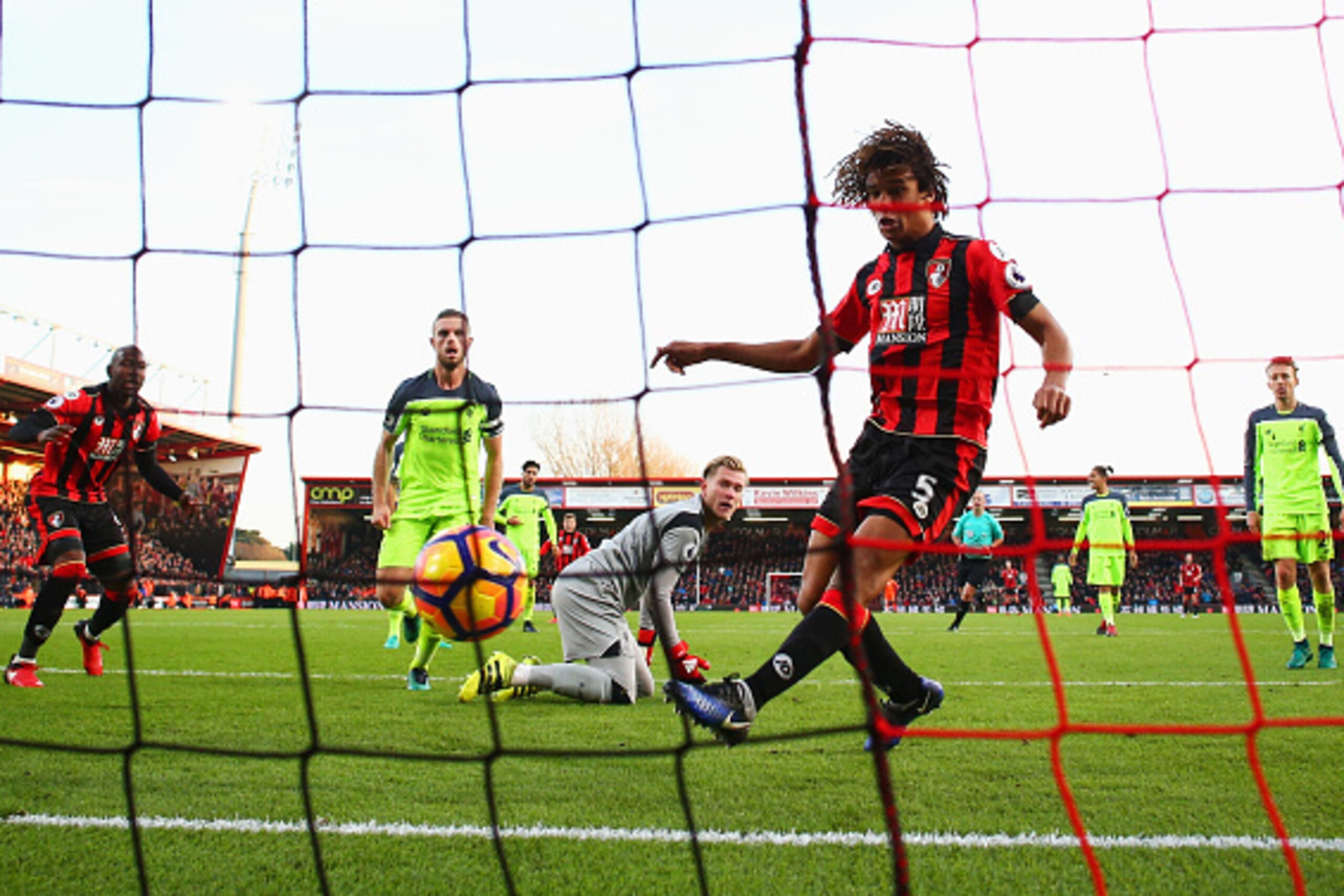 BOURNEMOUTH, ENGLAND - DECEMBER 04:  Nathan Ake of AFC Bournemouth (5) scores their fourth goal during the Premier League match between AFC Bournemouth and Liverpool at Vitality Stadium on December 4, 2016 in Bournemouth, England.  (Photo by Michael Steel