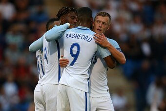 COLCHESTER, ENGLAND - SEPTEMBER 06: James Ward-Prowse of England U21 congratulates Marcus Rashford of England U21 after he scores his hat-trick goal during the UEFA European U21 Championship Qualifier Group 9 match between England U21 and Norway U21 at Co