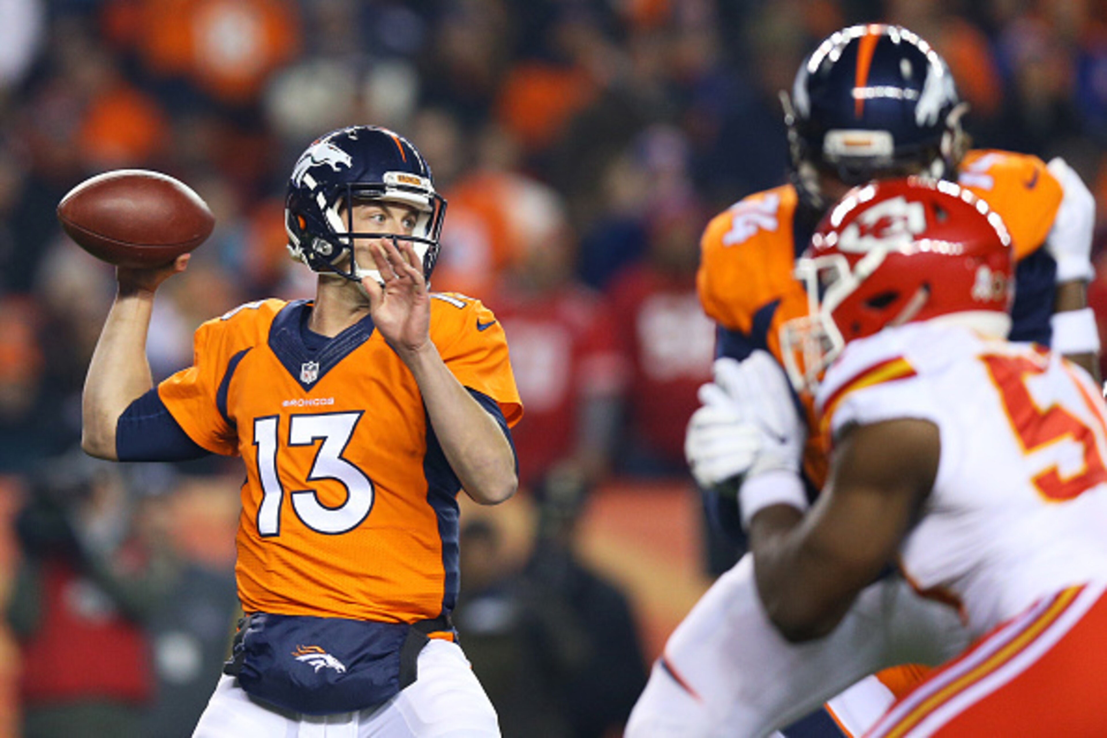 DENVER, CO - NOVEMBER 27:  Quarterback Trevor Siemian #13 of the Denver Broncos throws in the first quarter of the game against the Kansas City Chiefs at Sports Authority Field at Mile High on November 27, 2016 in Denver, Colorado. (Photo by Justin Edmond